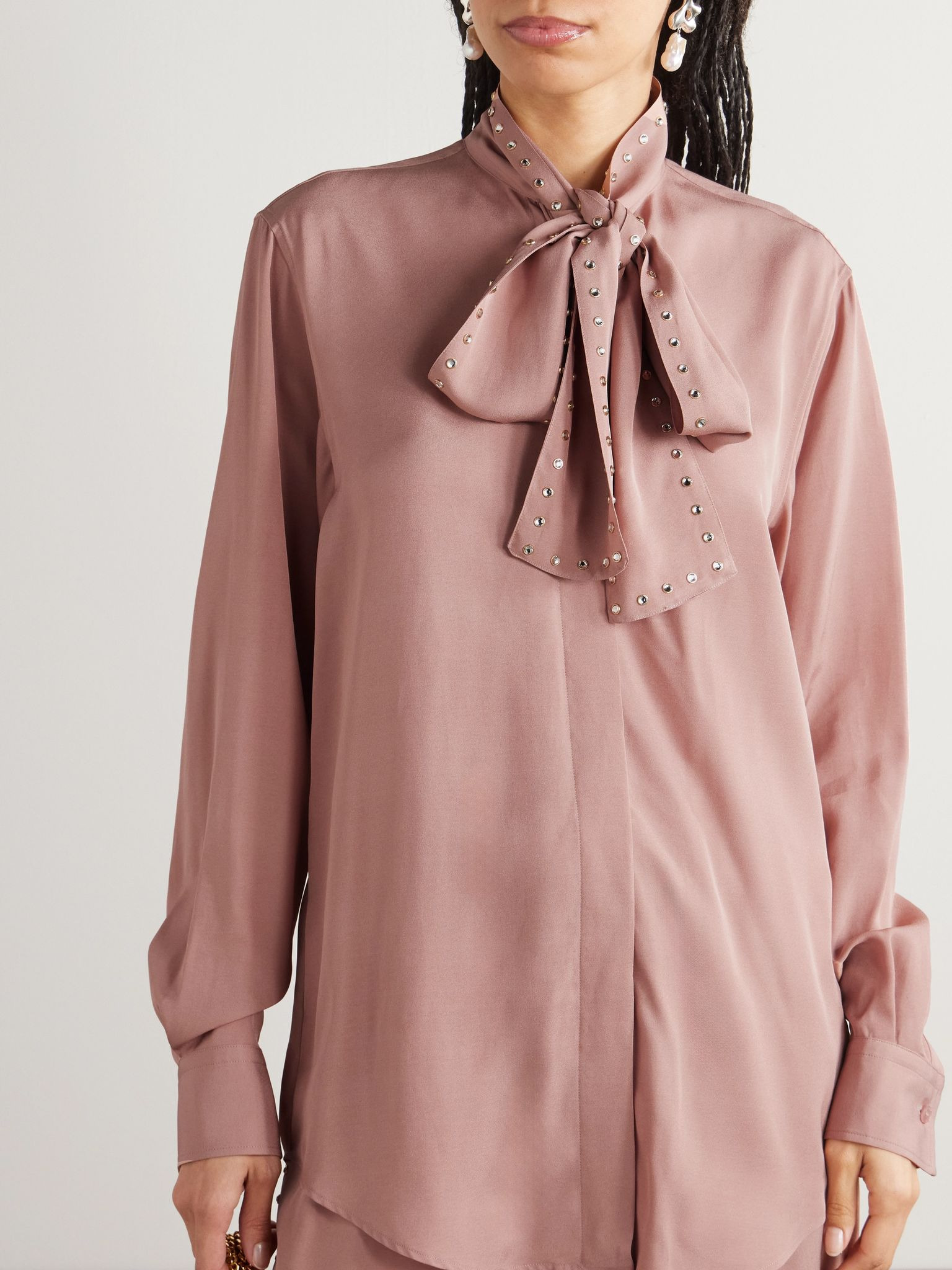Pussy-bow crystal-embellished crepe blouse Pink - 3
