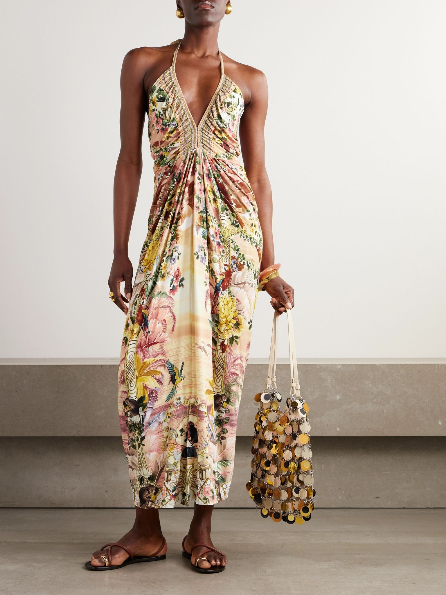 + The White Lotus crystal-embellished printed silk-jersey maxi dress Pink - 3