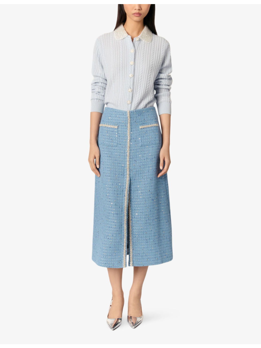 Side-pocket tweed woven midi skirt - 2