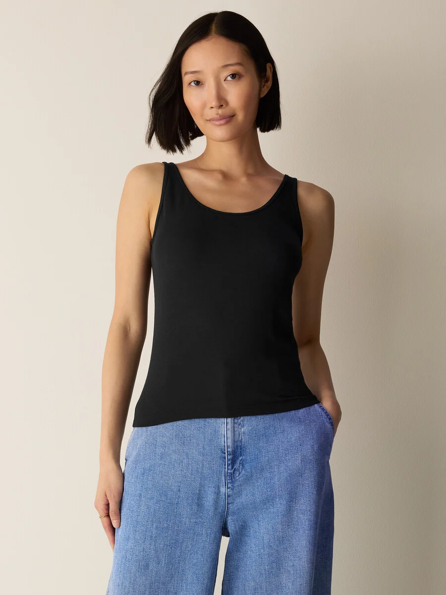 Sheer Cotton Blend Knit Scoop Neck Tank - 1