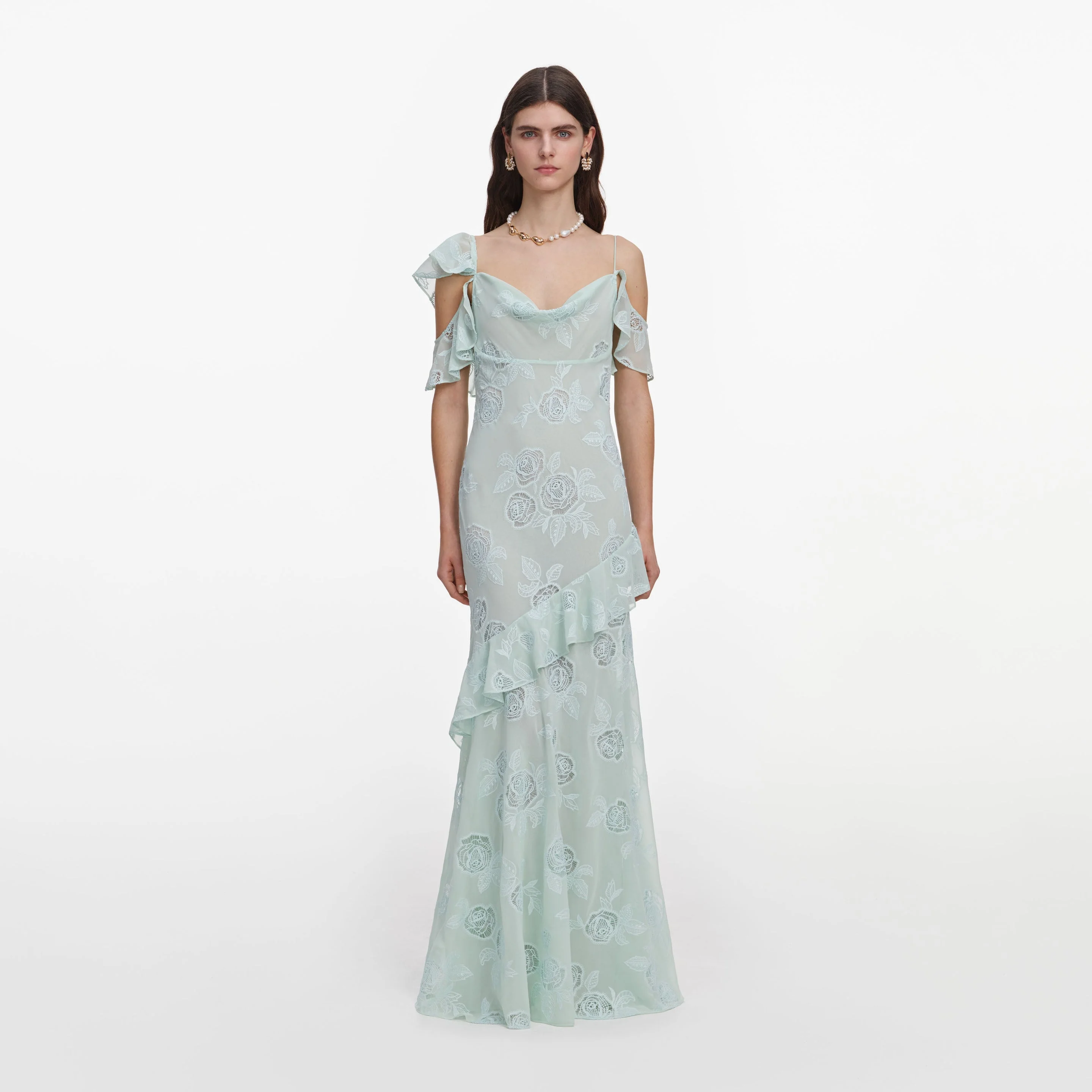 Mint Embroidered Georgette Maxi Dress - 1