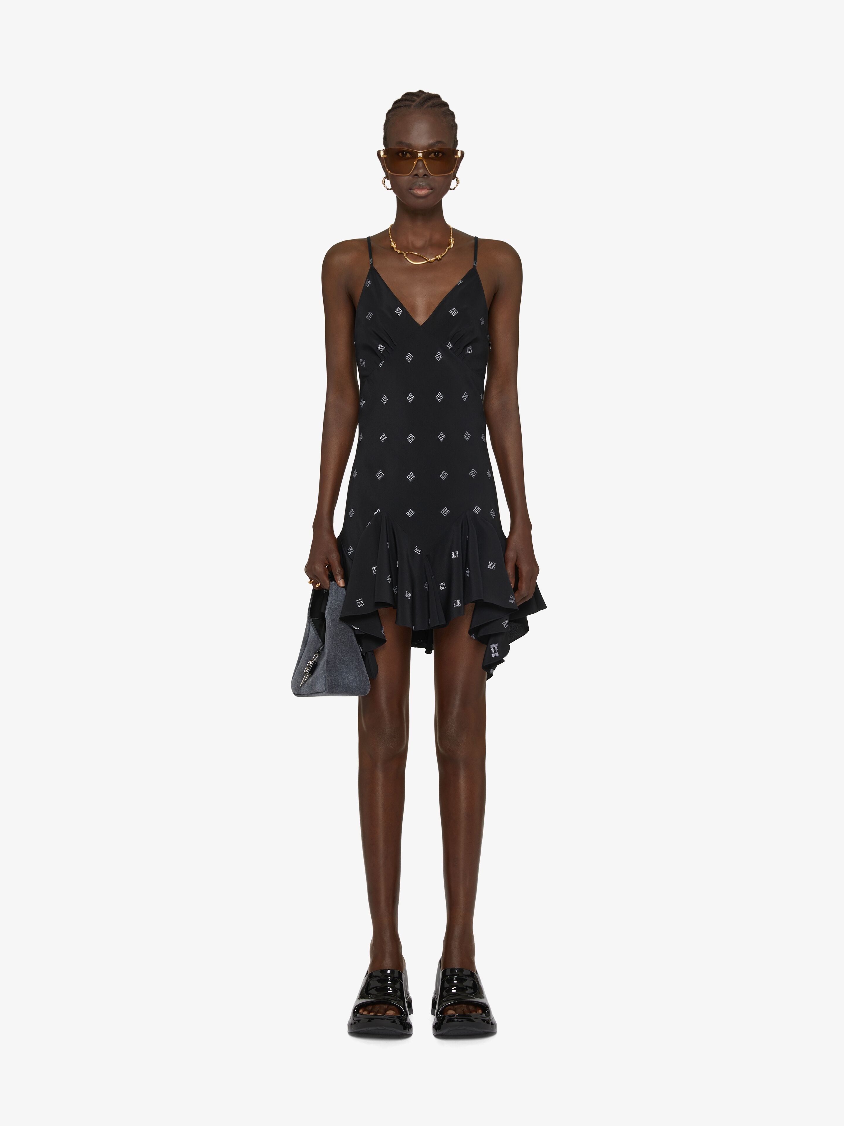 STRAPS DRESS IN 4G SILK WITH RUFFLES - 2