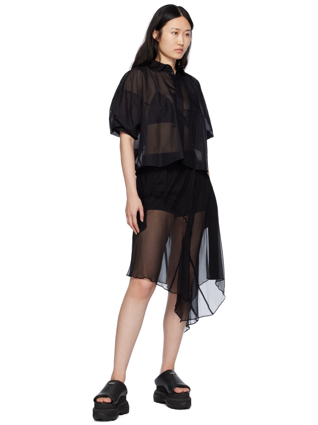 Black Asymmetric Midi Skirt - 4