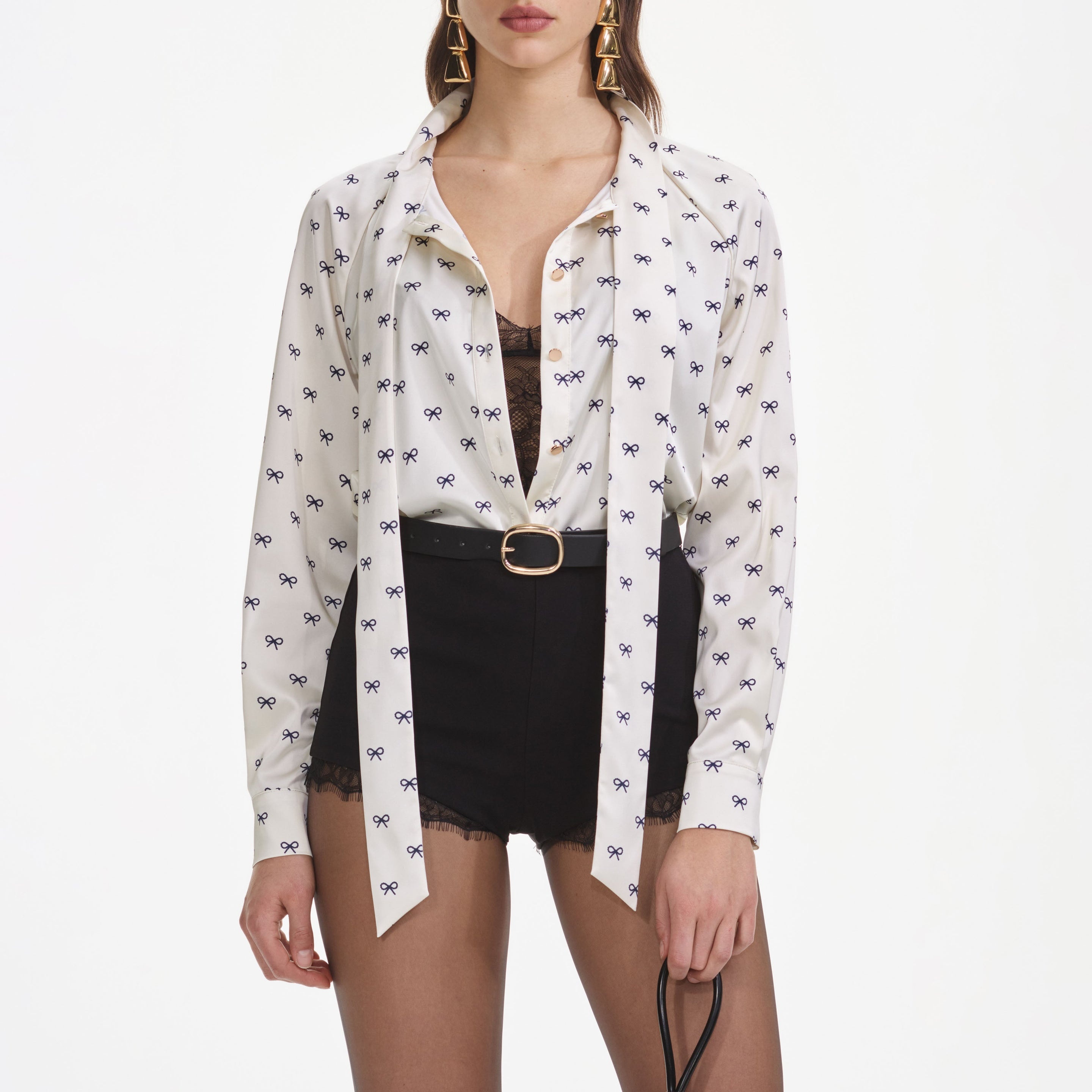 Cream Satin Bow Print Blouse - 4