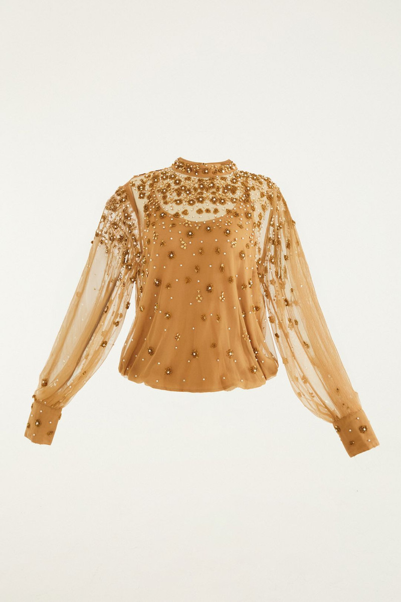 Caramel Embroidered Tulle Lined Blouse 5