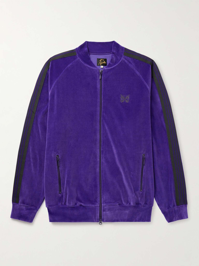 Webbing-Trimmed Logo-Embroidered Cotton-Blend Velvet Track Jacket 1