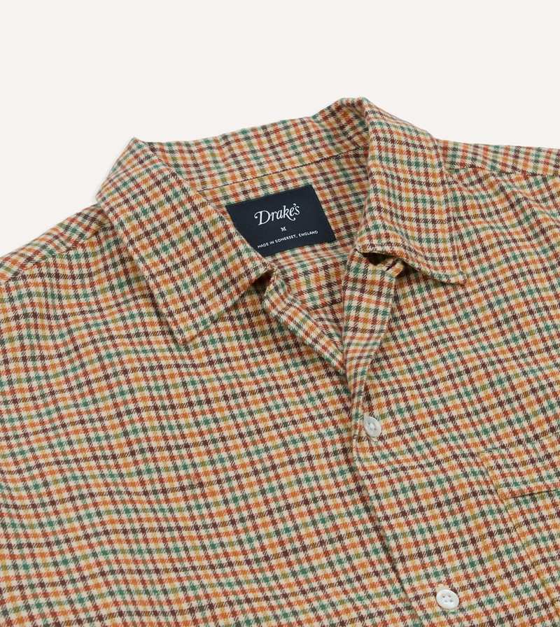Brown and Green Check Brushed Cotton Twill Camp Collar Long Sleeve Shirt 3