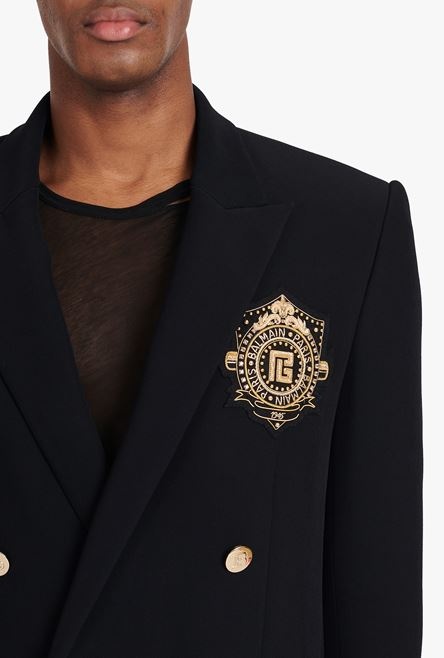 Black twill blazer with double-breasted gold-tone buttoned fastening - 8