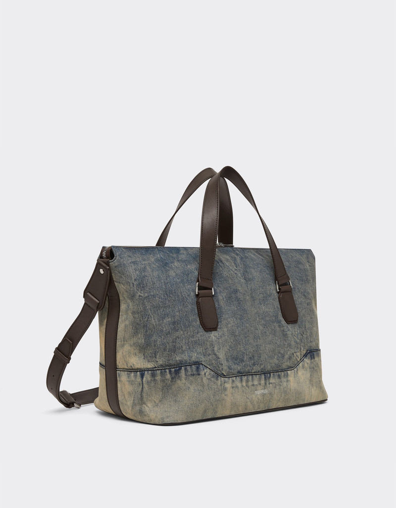 Acid-washed denim and leather duffle bag 3