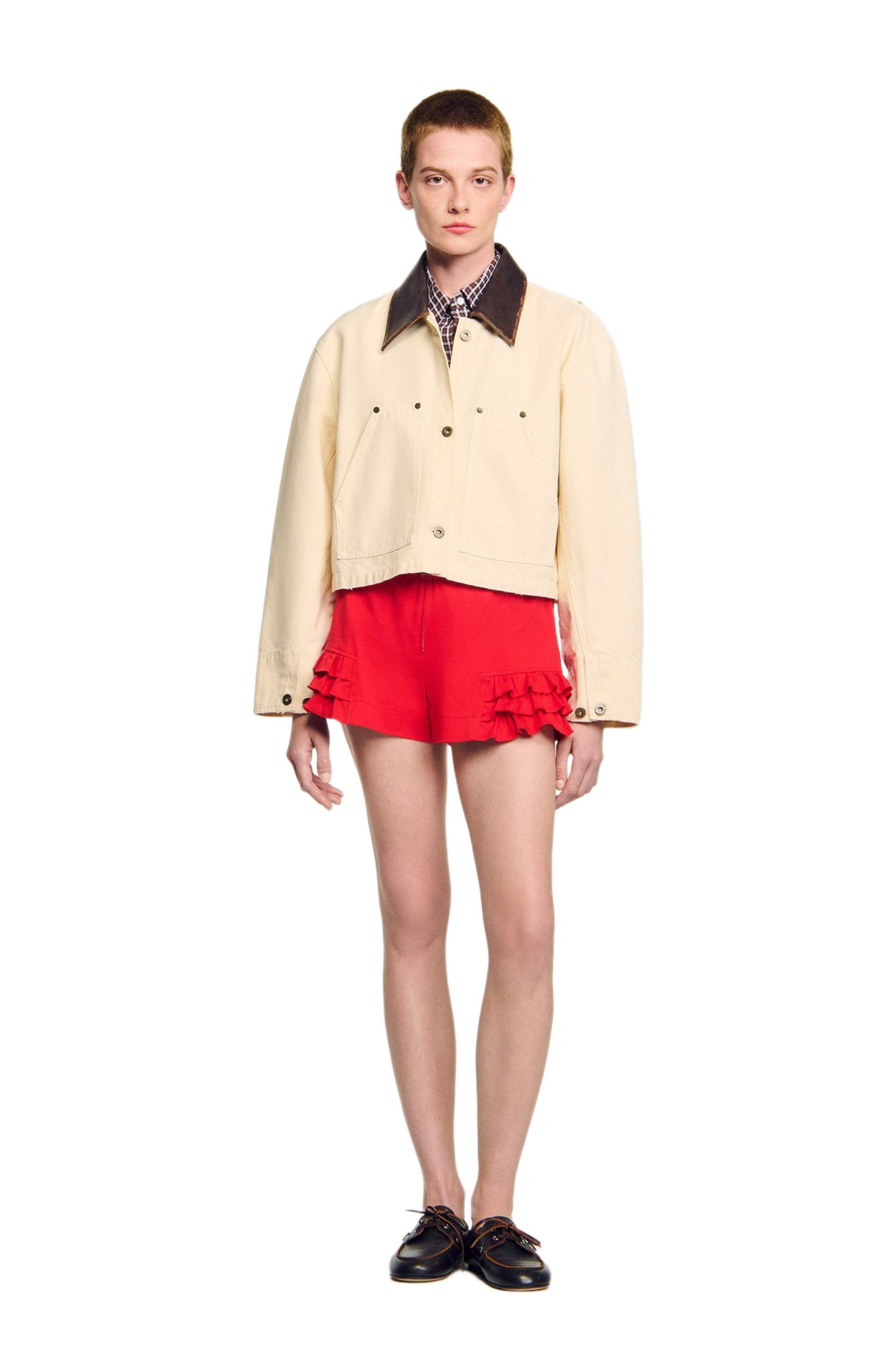 SANDRO Leather collar workwear jacket in Ecru at Nordstrom - 6