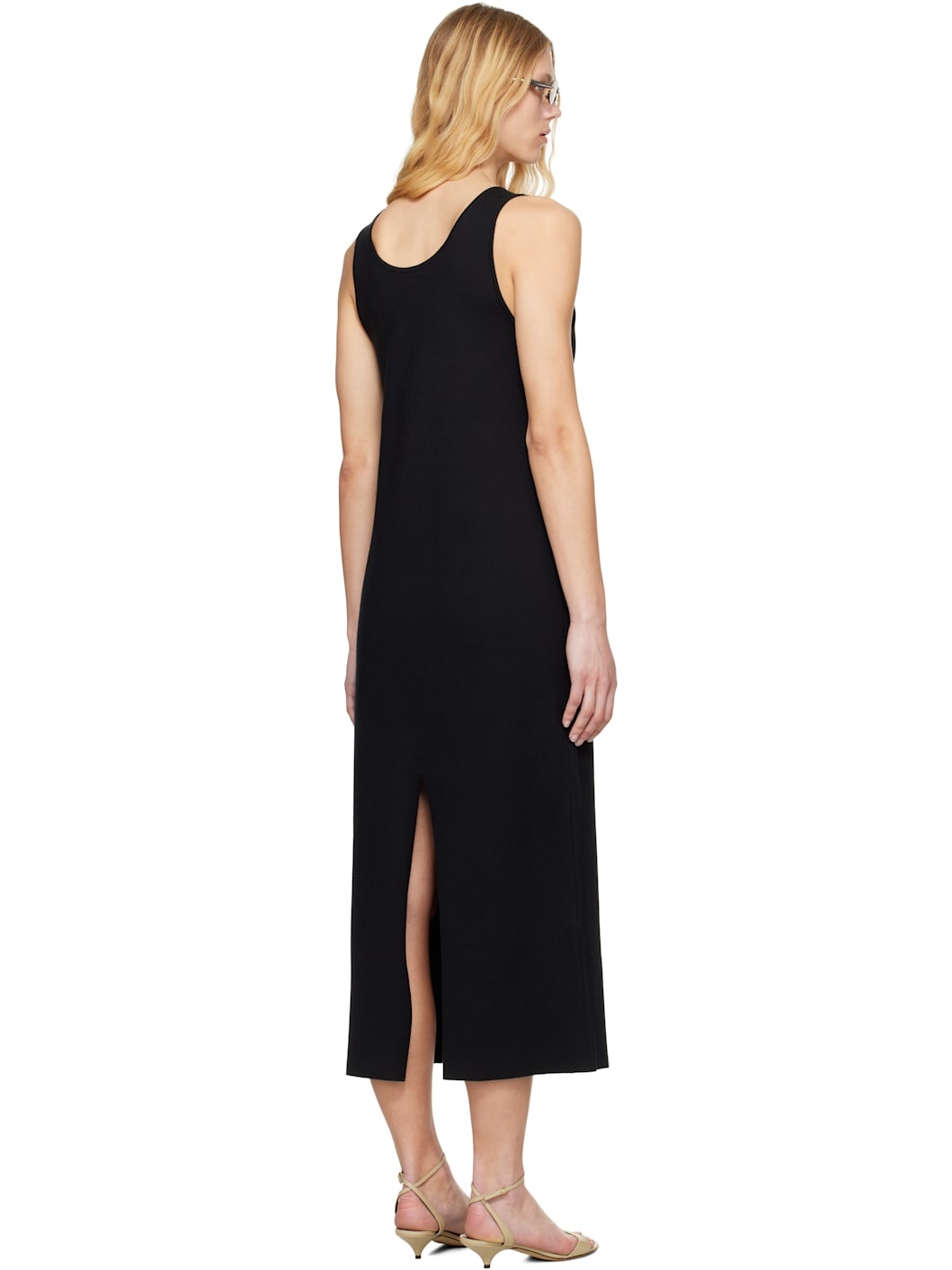 Black Cotton Silk Stretch Knit Midi Dress - 3