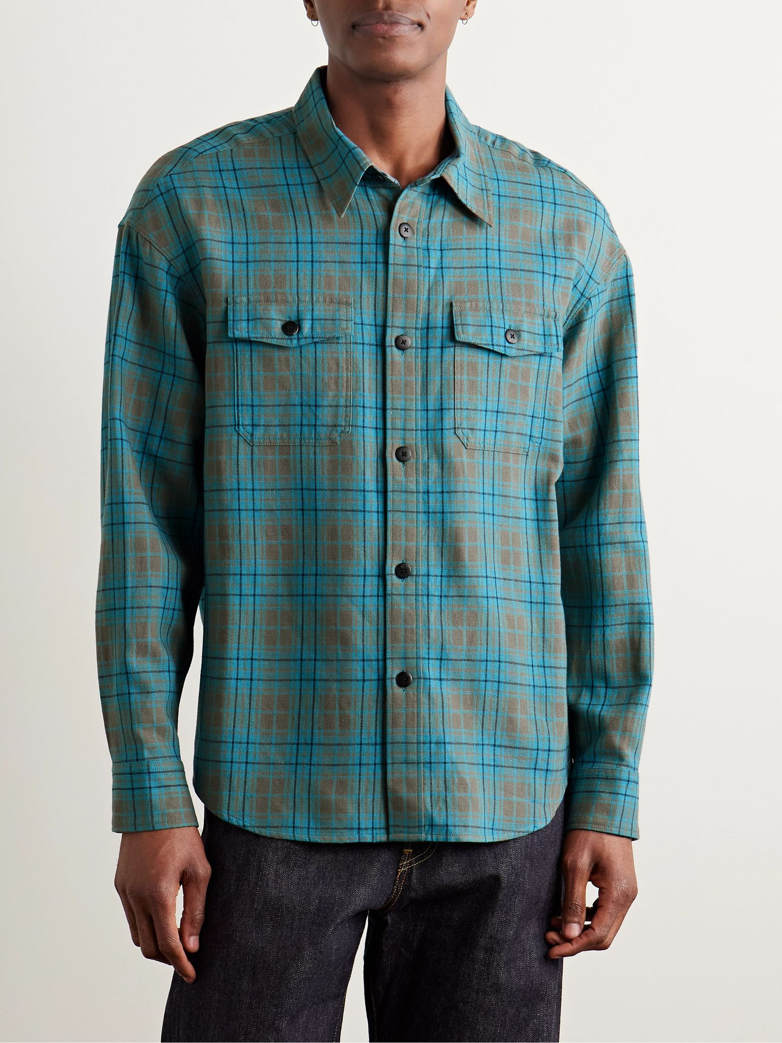 Checked Wool and Linen-Blend Shirt Blue - 3