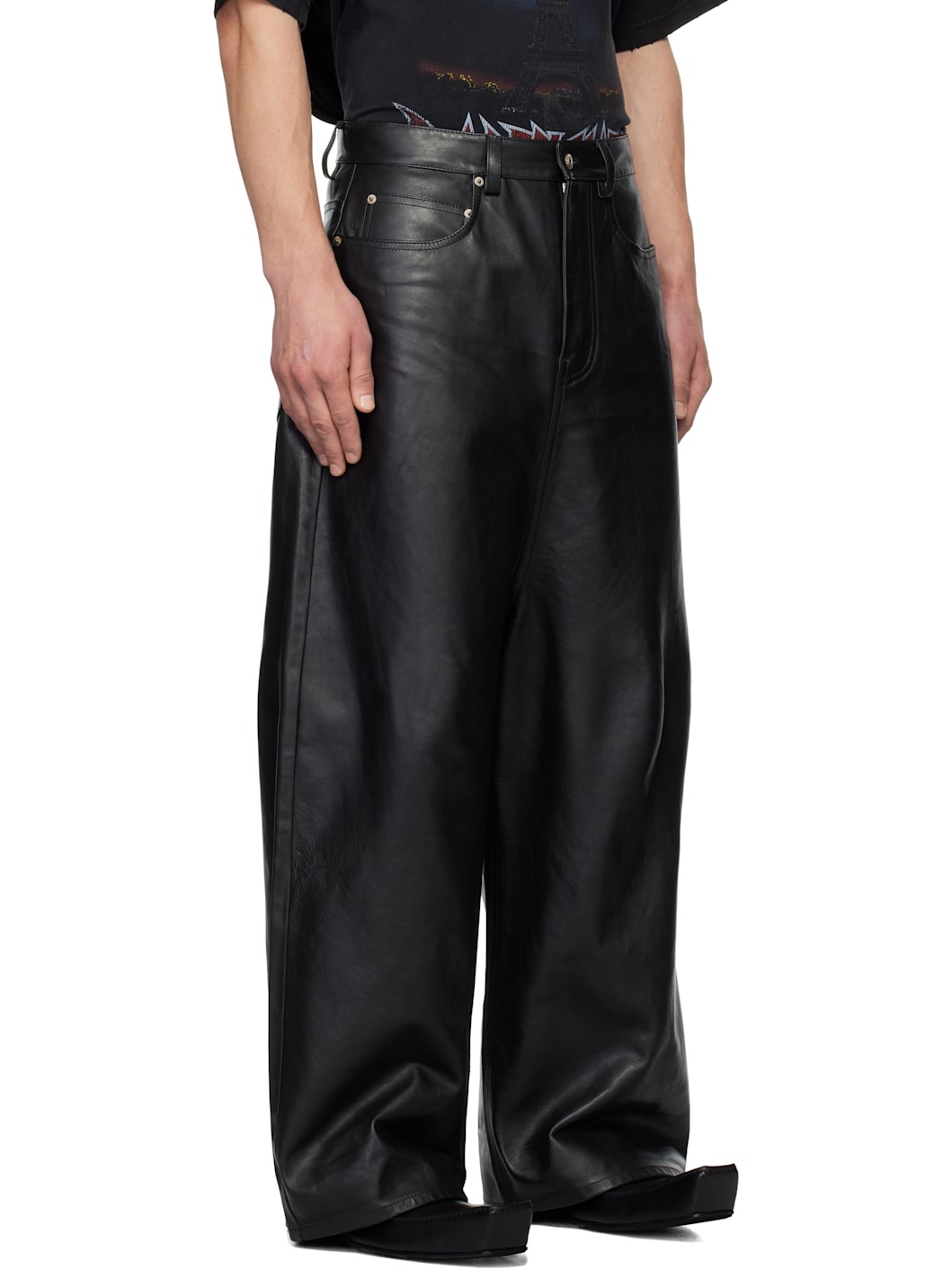 Black Soft Shining Low Crotch Leather Pants - 2