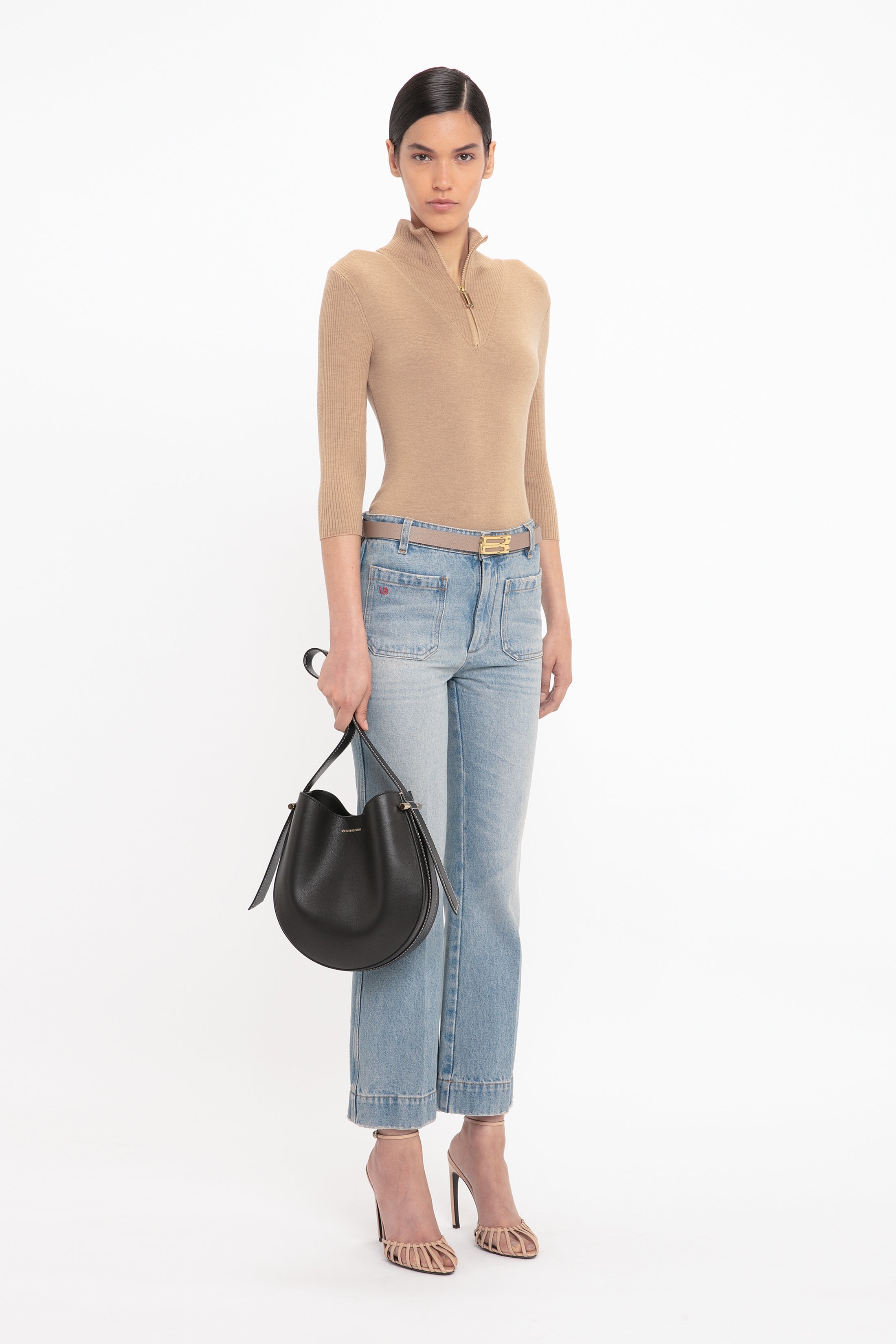 Half Zip Short Sleeve Knitted Top In Sandstorm - 3