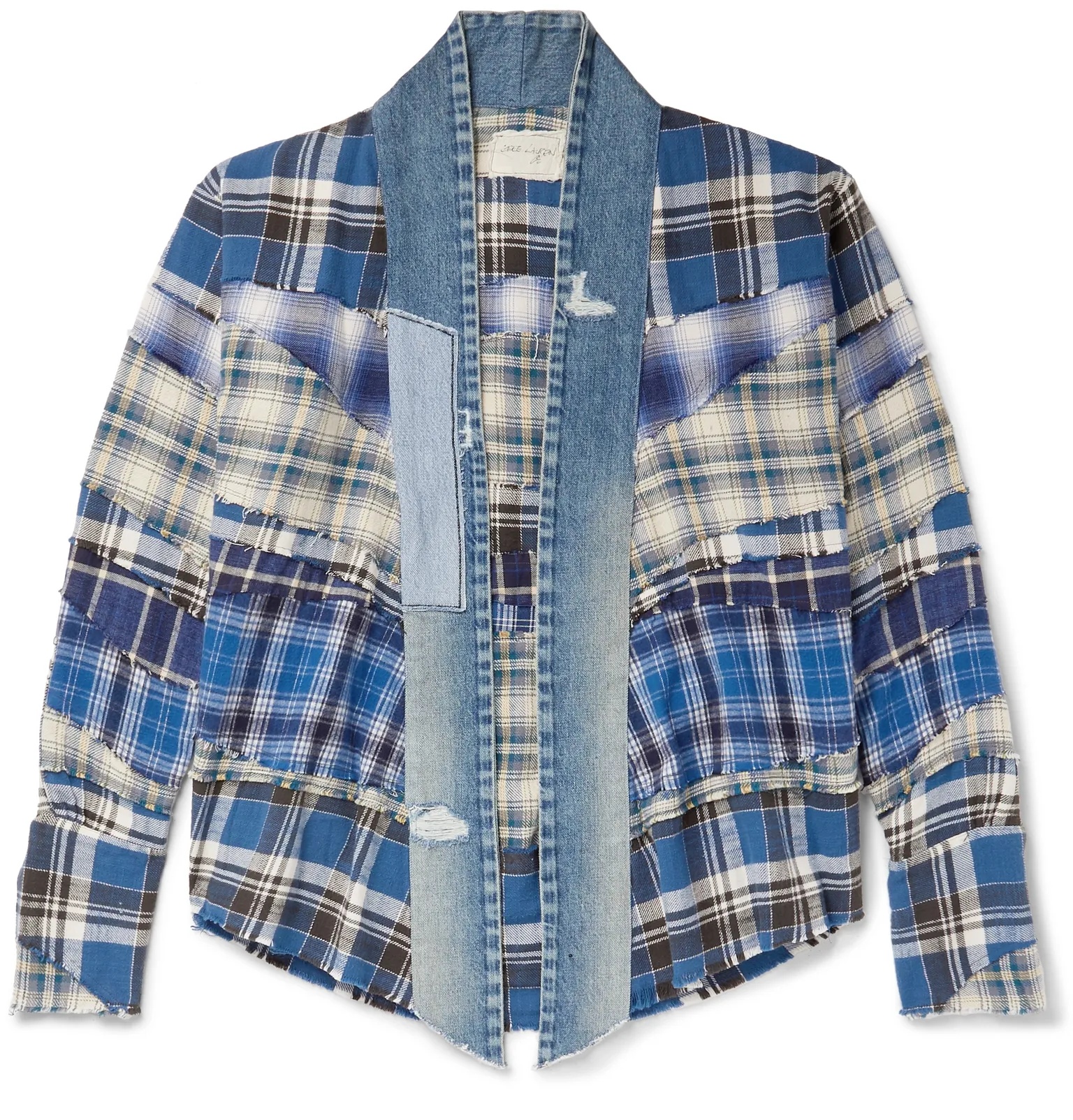 Patchwork Denim-Trimmed Checked Cotton-Flannel Jacket - 1