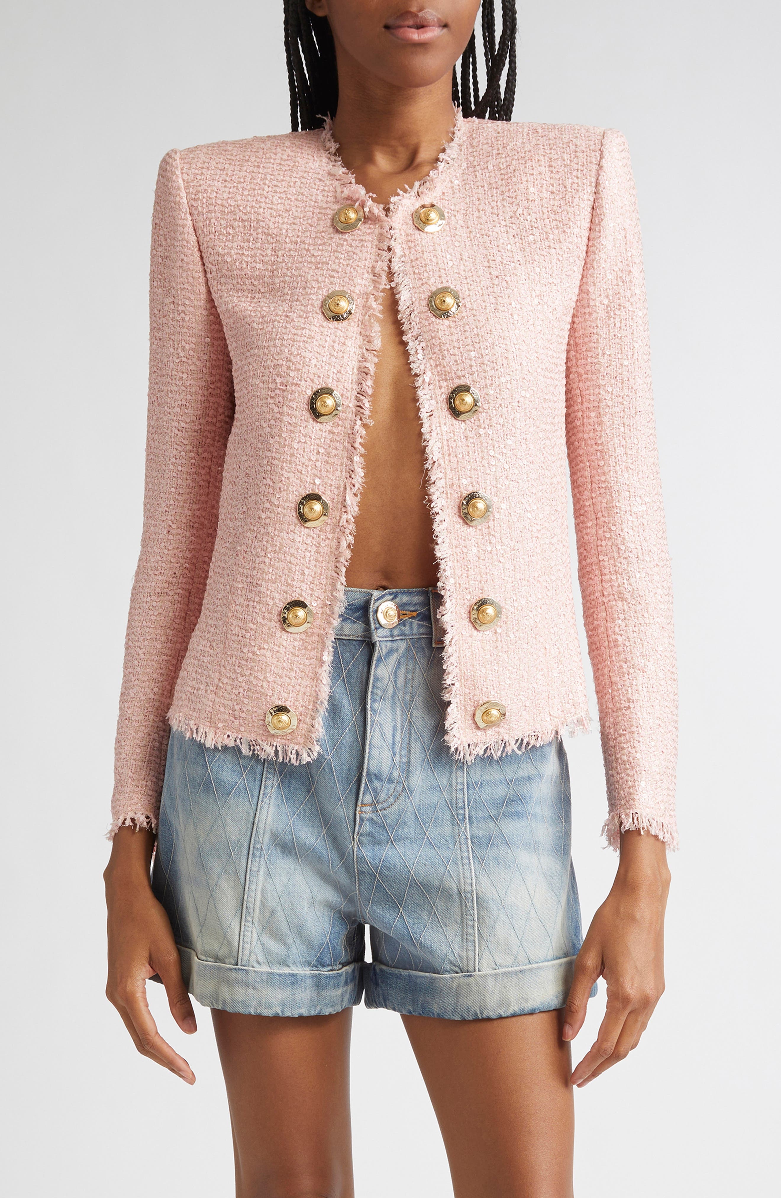 Balmain Glitter Embellished Silk Tweed Spencer Jacket in 4Cu Pink at Nordstrom - 1