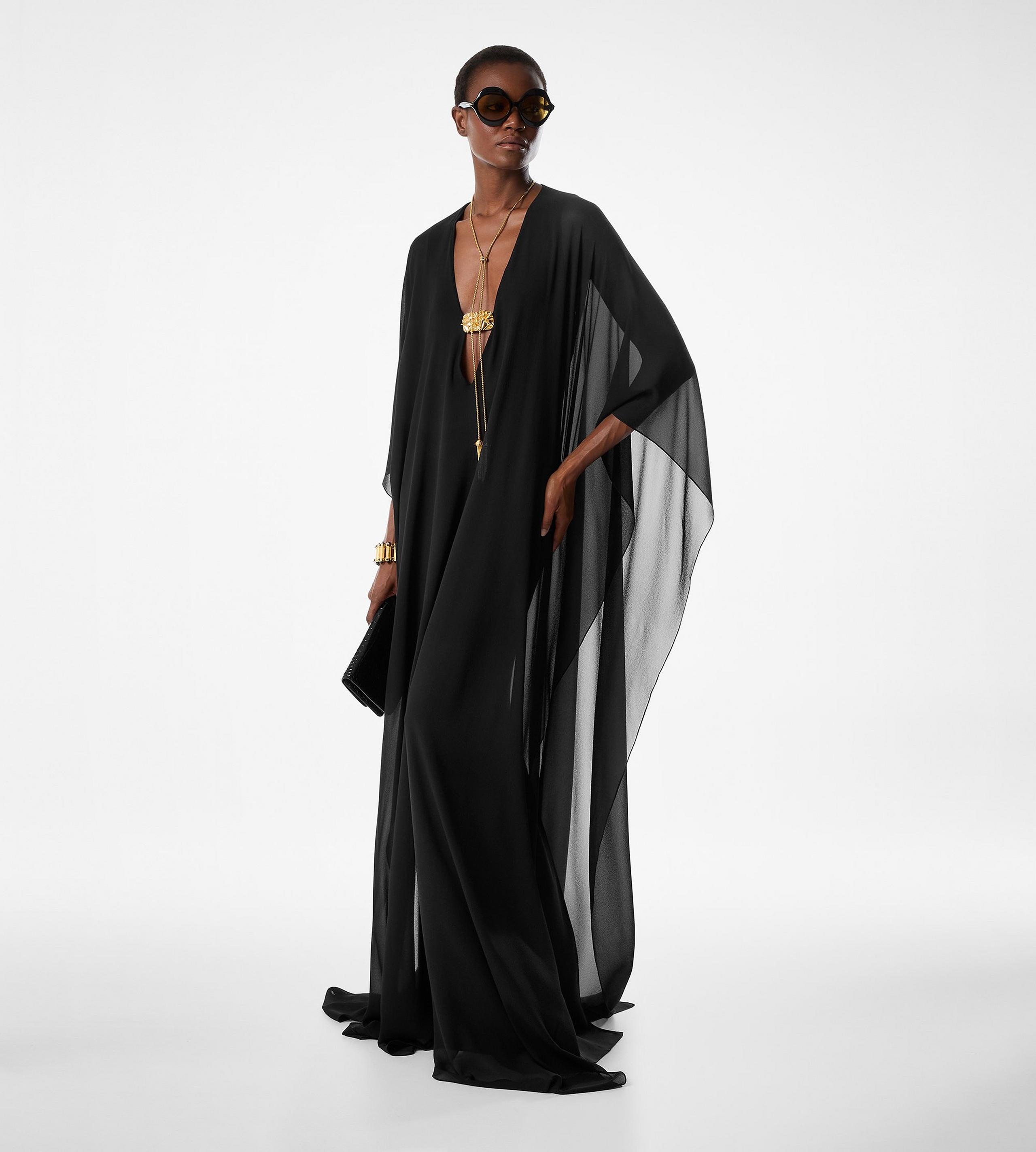 DEEP V-NECK EVENING DRESS WITH METAL HARDWARE DETAIL - 2