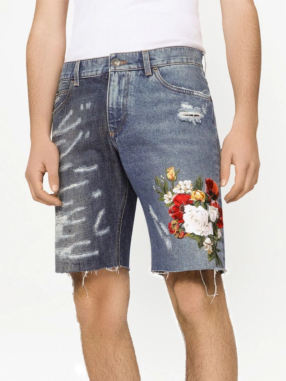 two-tone embroidered denim shorts - 5