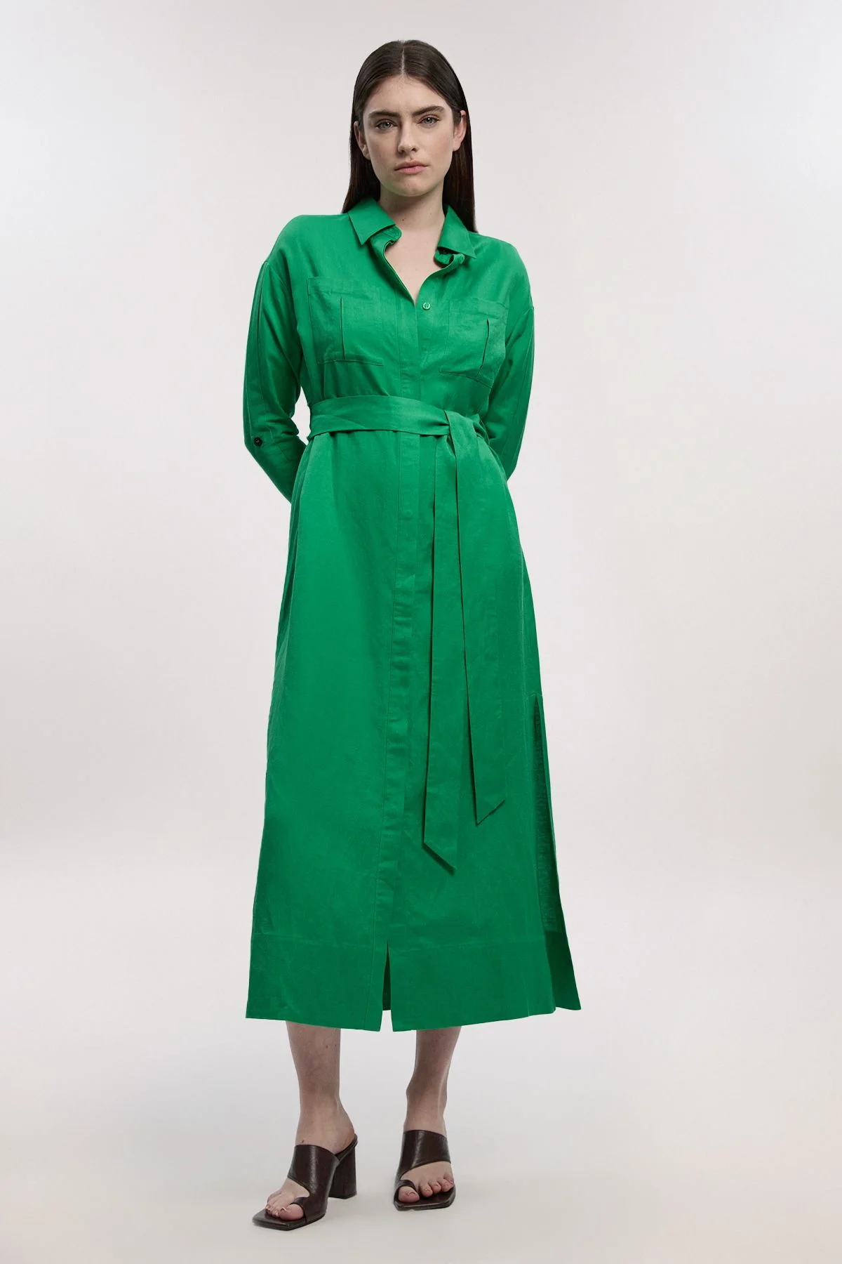 Viscose Linen Woven Belted Shirt Dress - 1