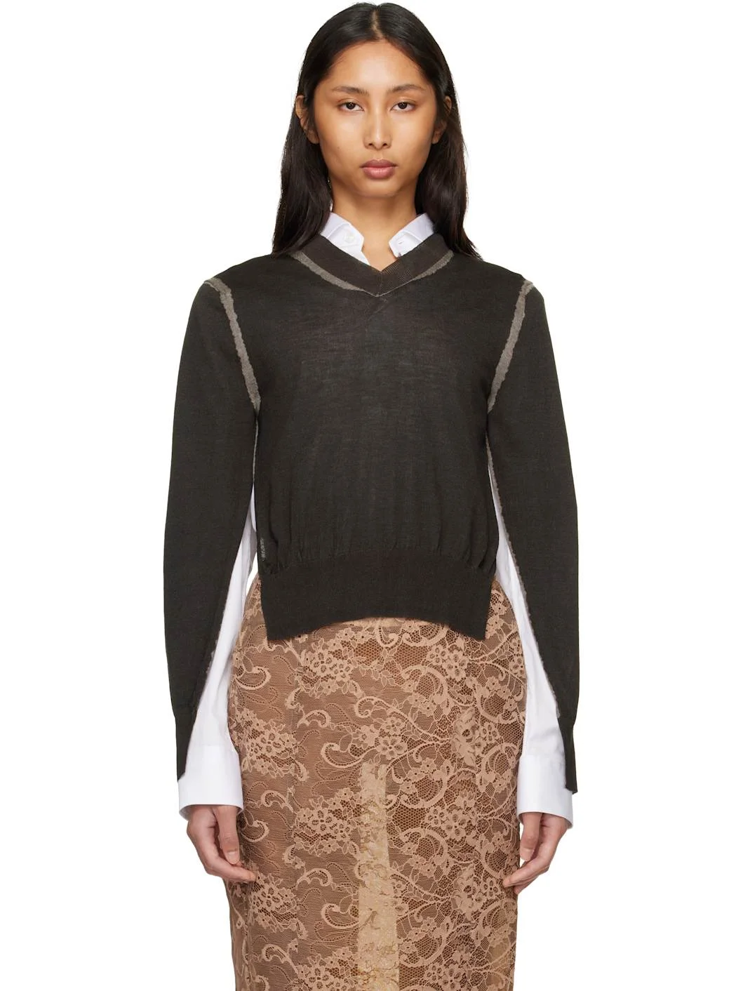 Brown Wrinkled V-Neck Sweater - 1
