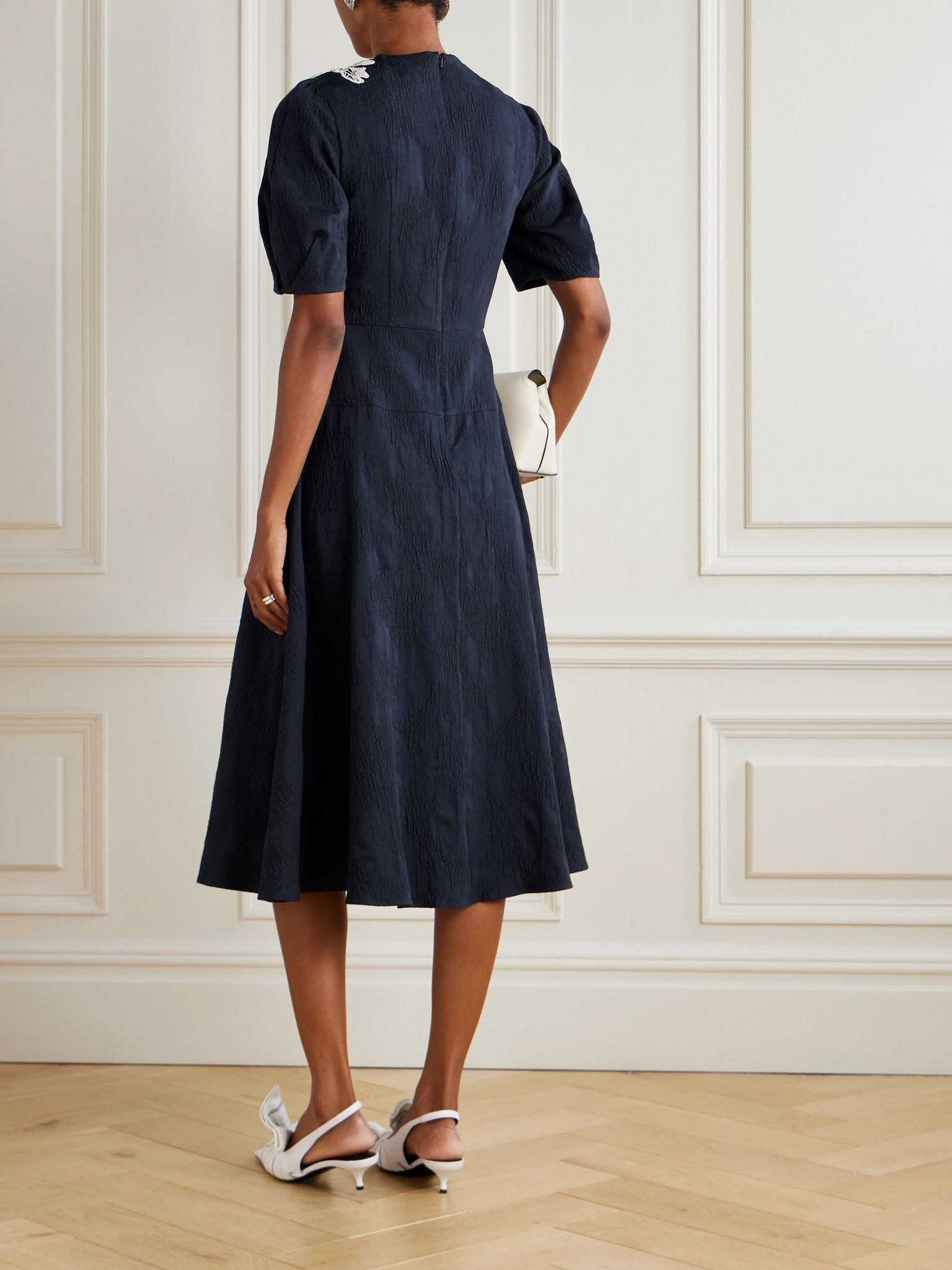 Appliquéd cotton-blend cloqué midi dress Navy - 3