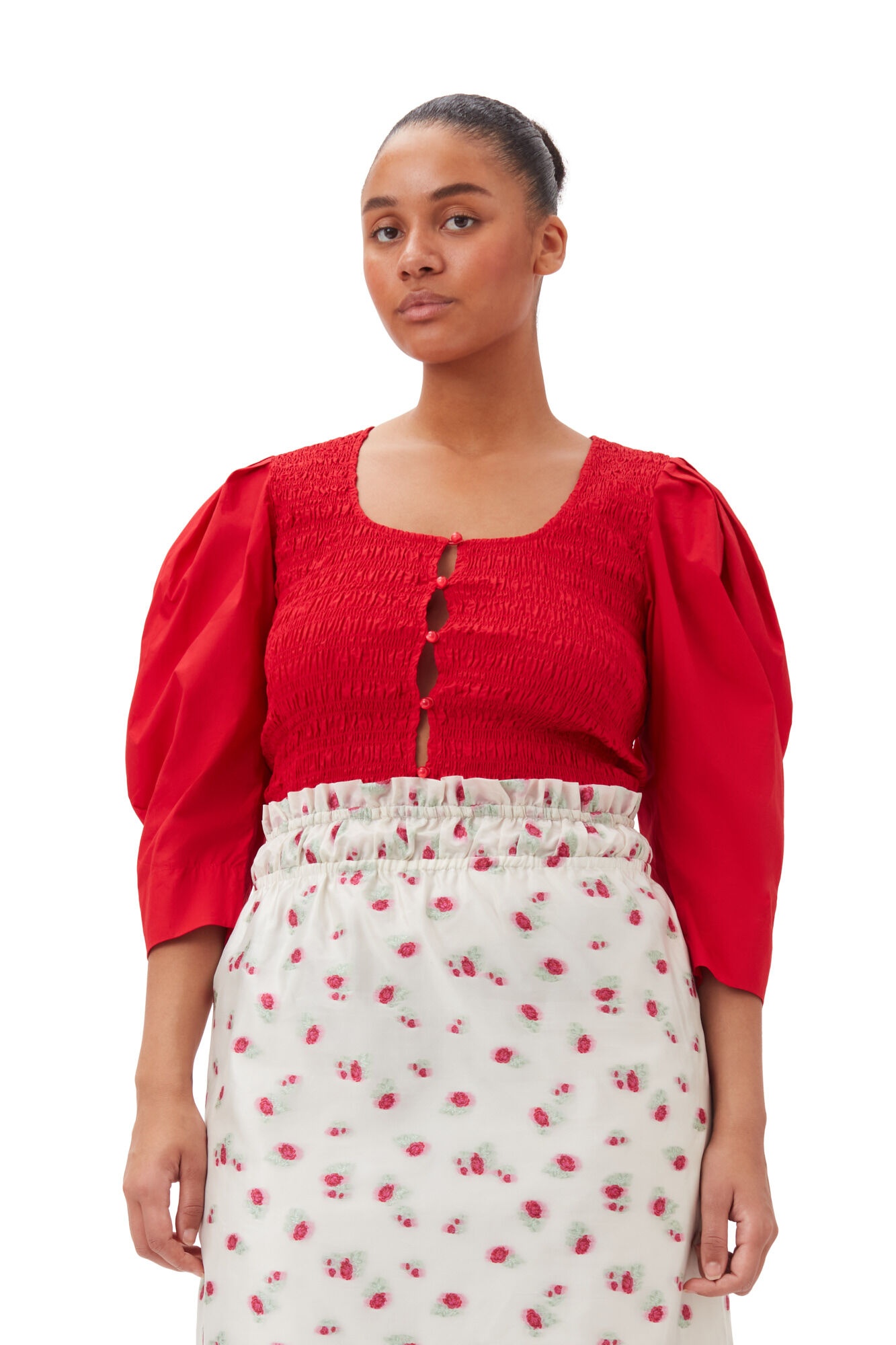RED COTTON POPLIN SMOCK BLOUSE - 7