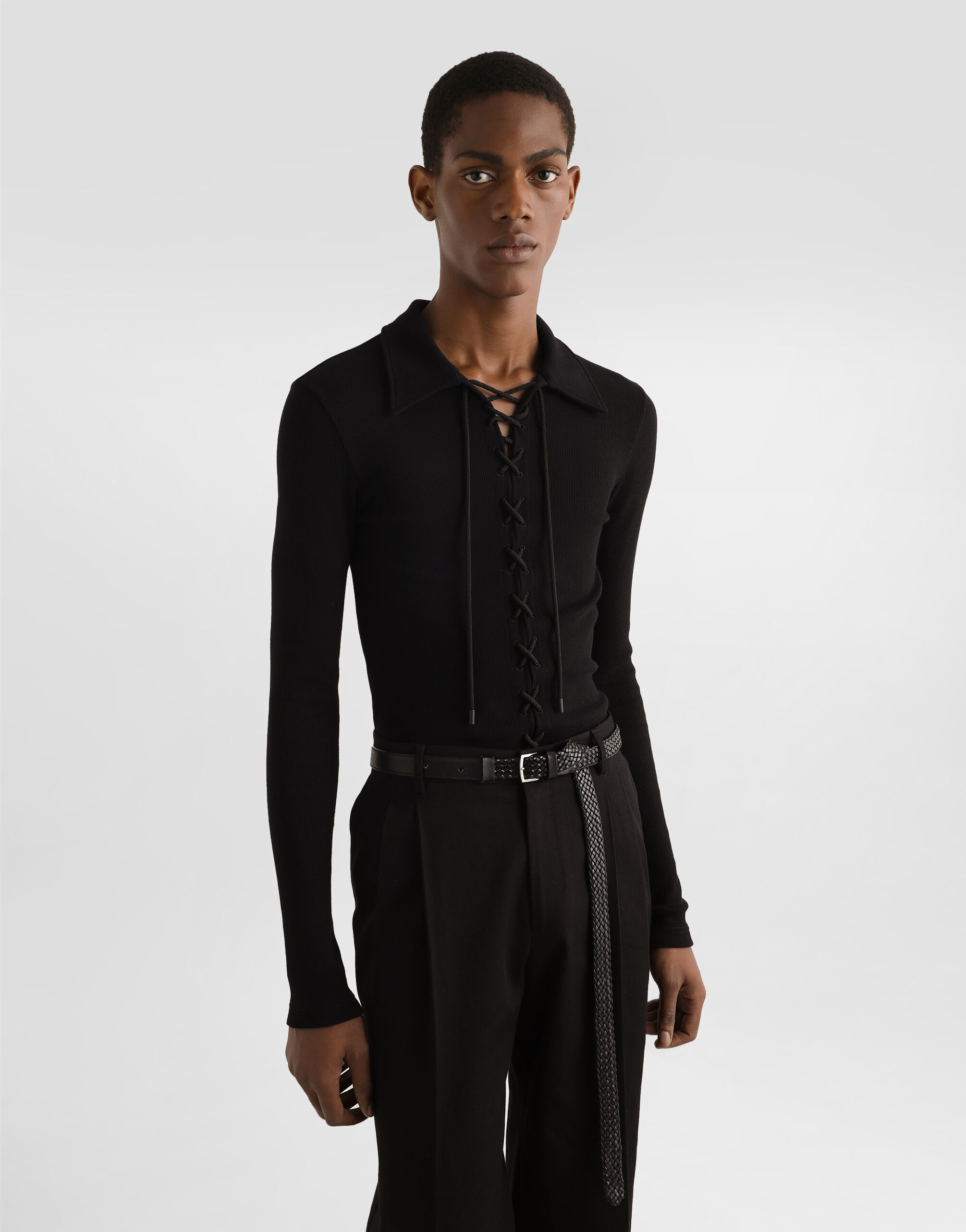 Long-sleeved interlock jersey polo-shirt with laces - 5