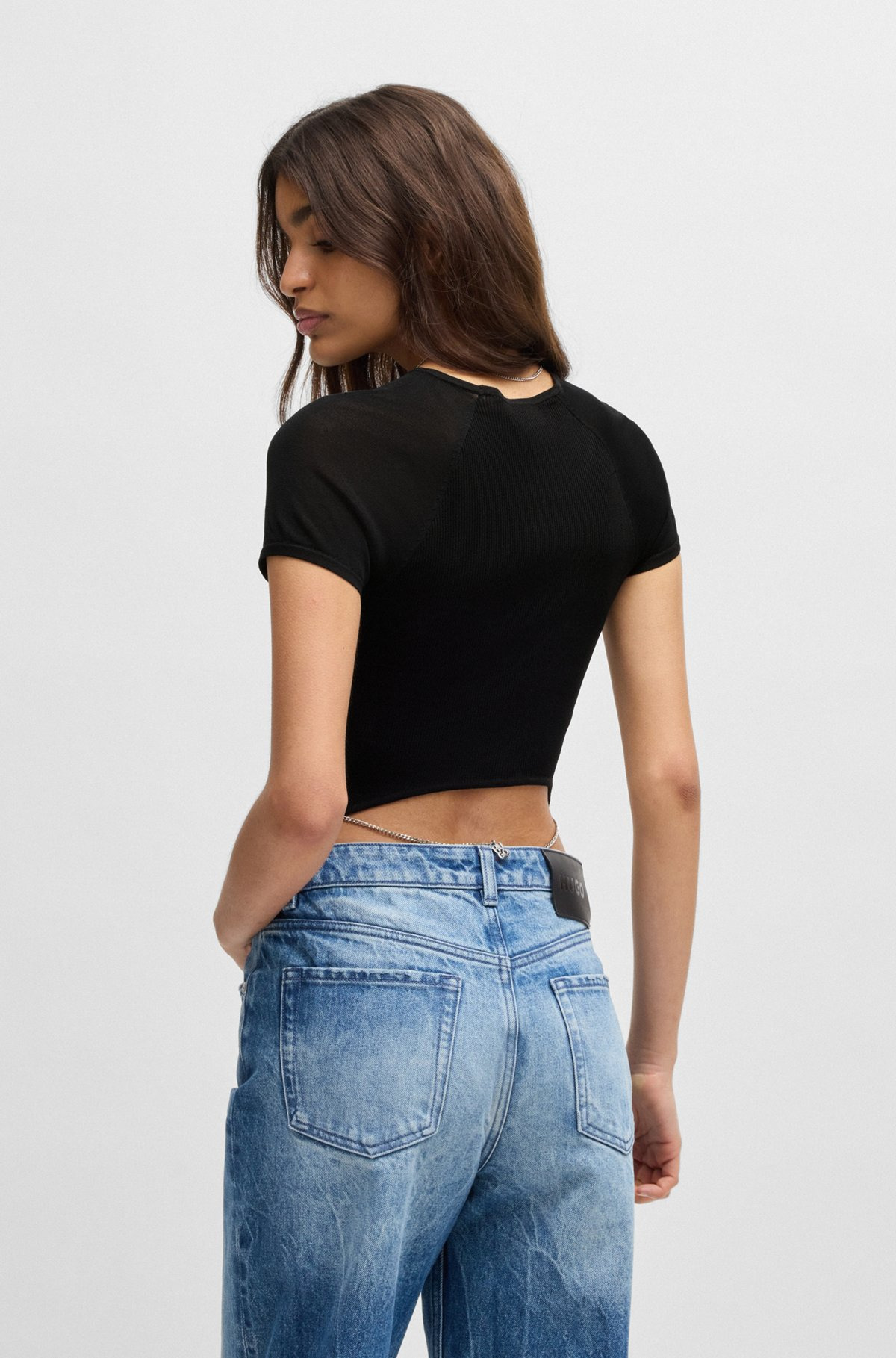 RIB-KNIT TOP WITH SHEER PANELS AND LOGO CHAIN - 4