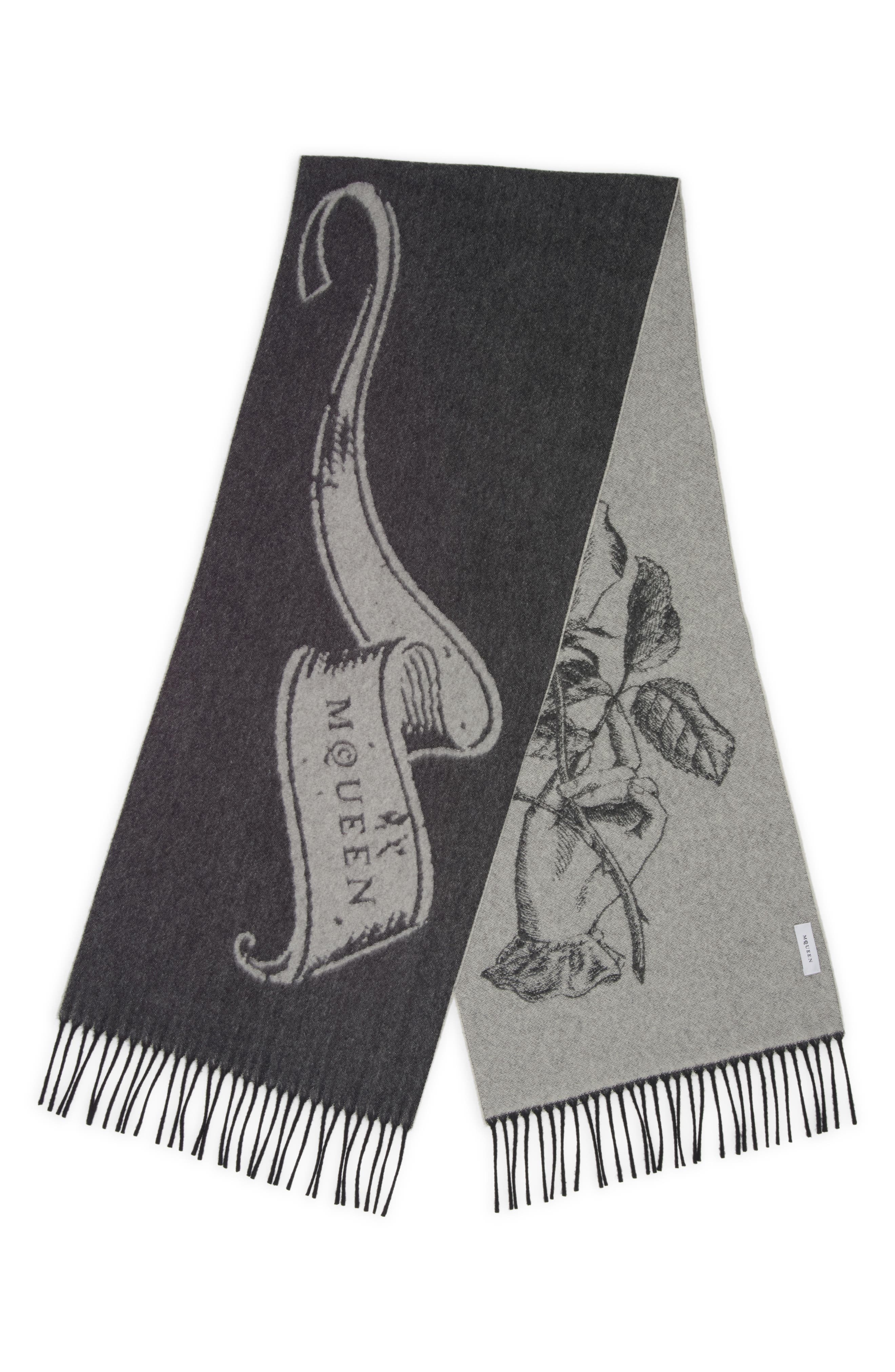 McQueen Tattoo Jacquard Wool & Cashmere Fringe Scarf in Black at Nordstrom - 1