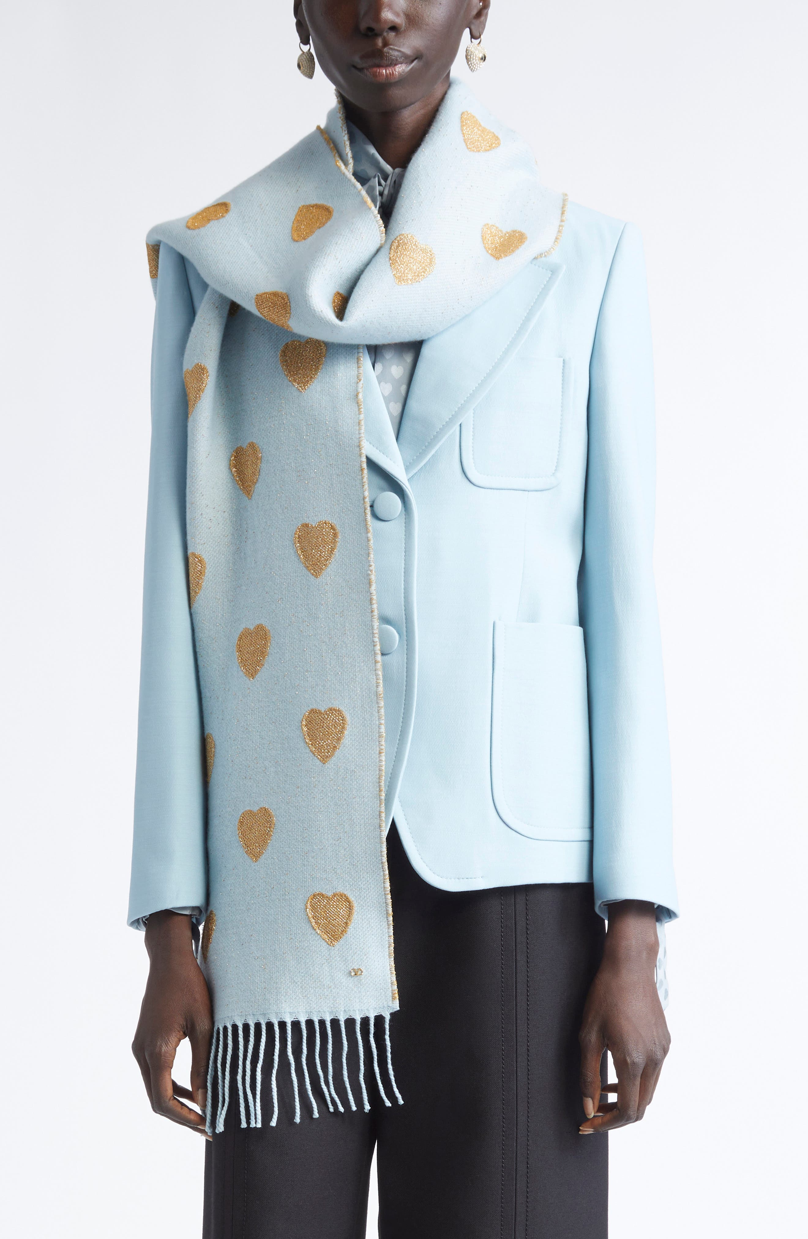 Valentino Garavani Metallic Heart Jacquard Virgin Wool & Cashmere Blend Fringe Scarf in Celeste Oro/ - 2