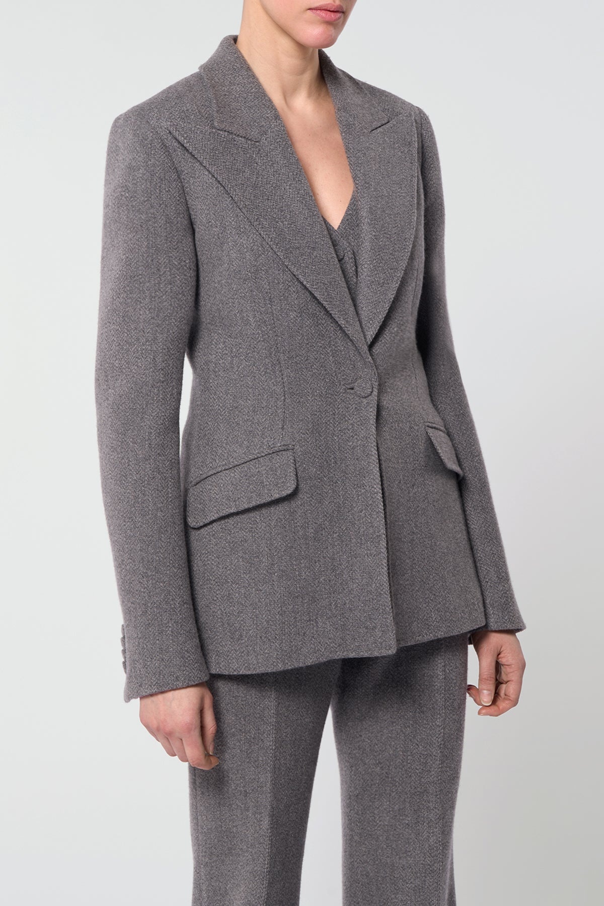 Leiva Blazer in Dark Grey Multi Cashmere Virgin Wool Herringbone - 5