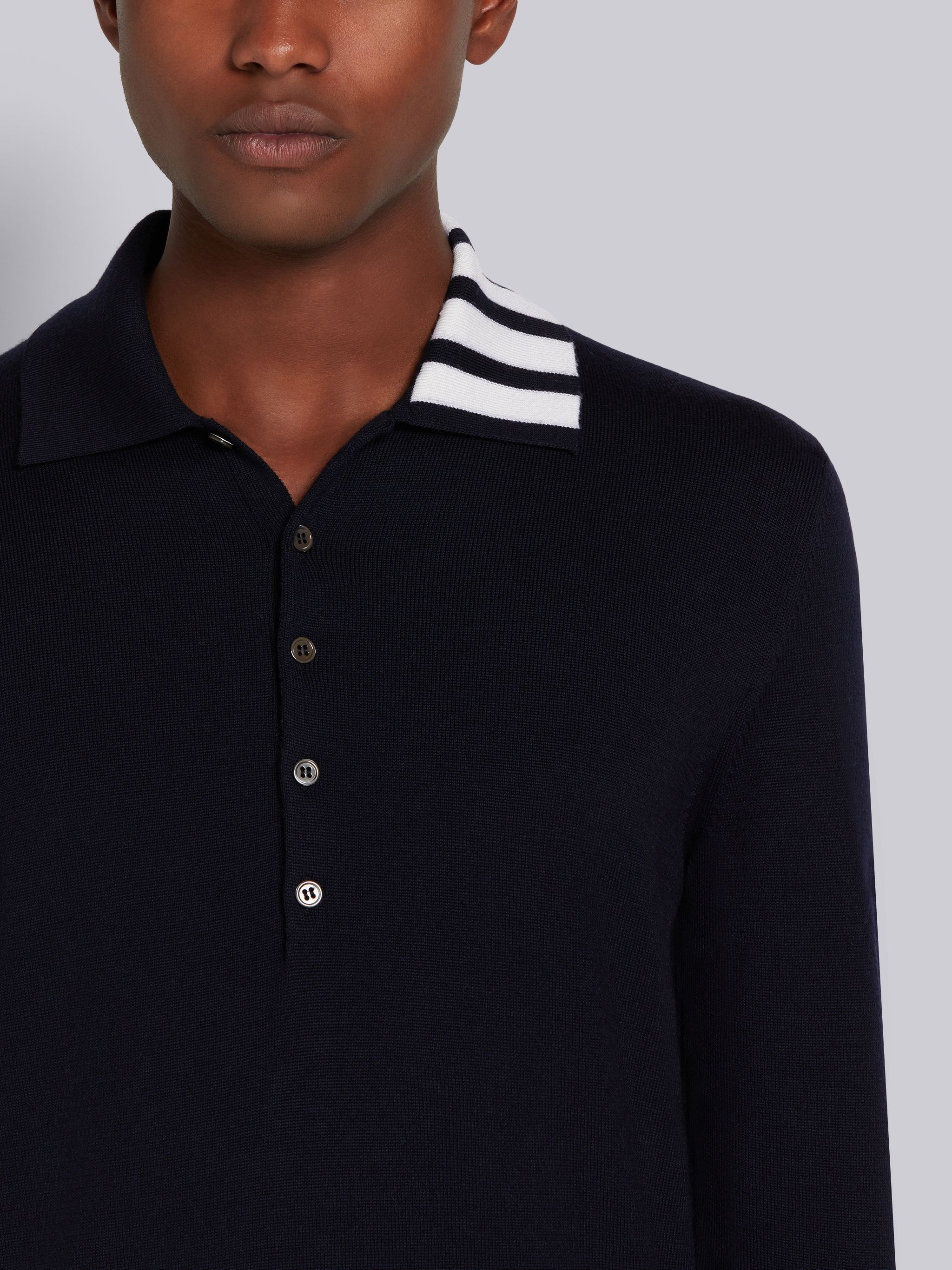 Navy Jersey Stitch Superfine Merino Wool Intarsia 4-Bar Stripe Relaxed Fit Long Sleeve Polo - 5