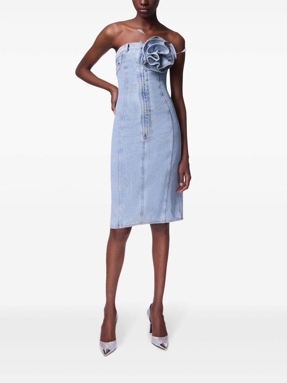 floral-appliqué strapless denim dress - 3