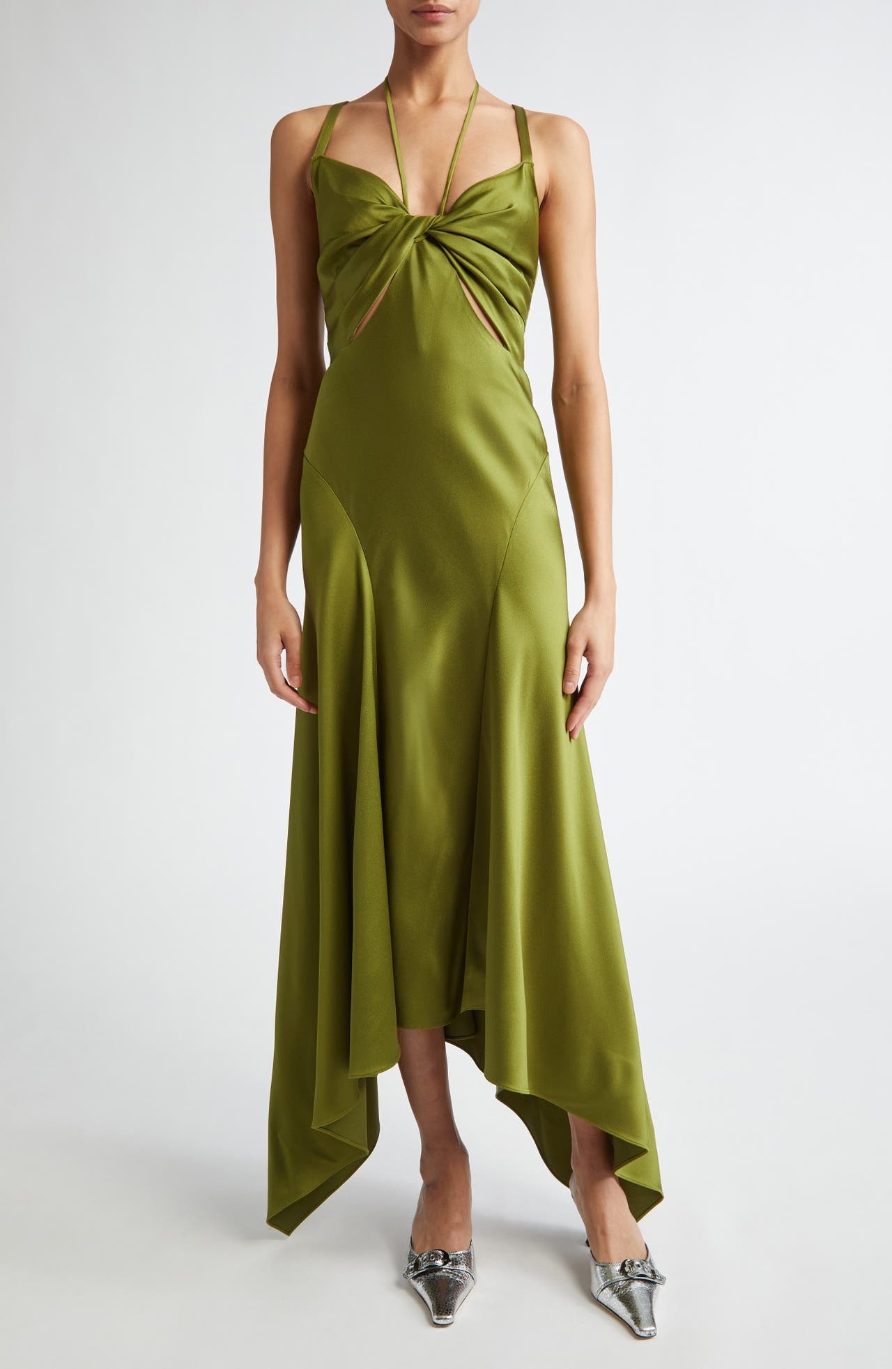 MONSE Slashed Satin Halter Dress in Olive at Nordstrom - 1