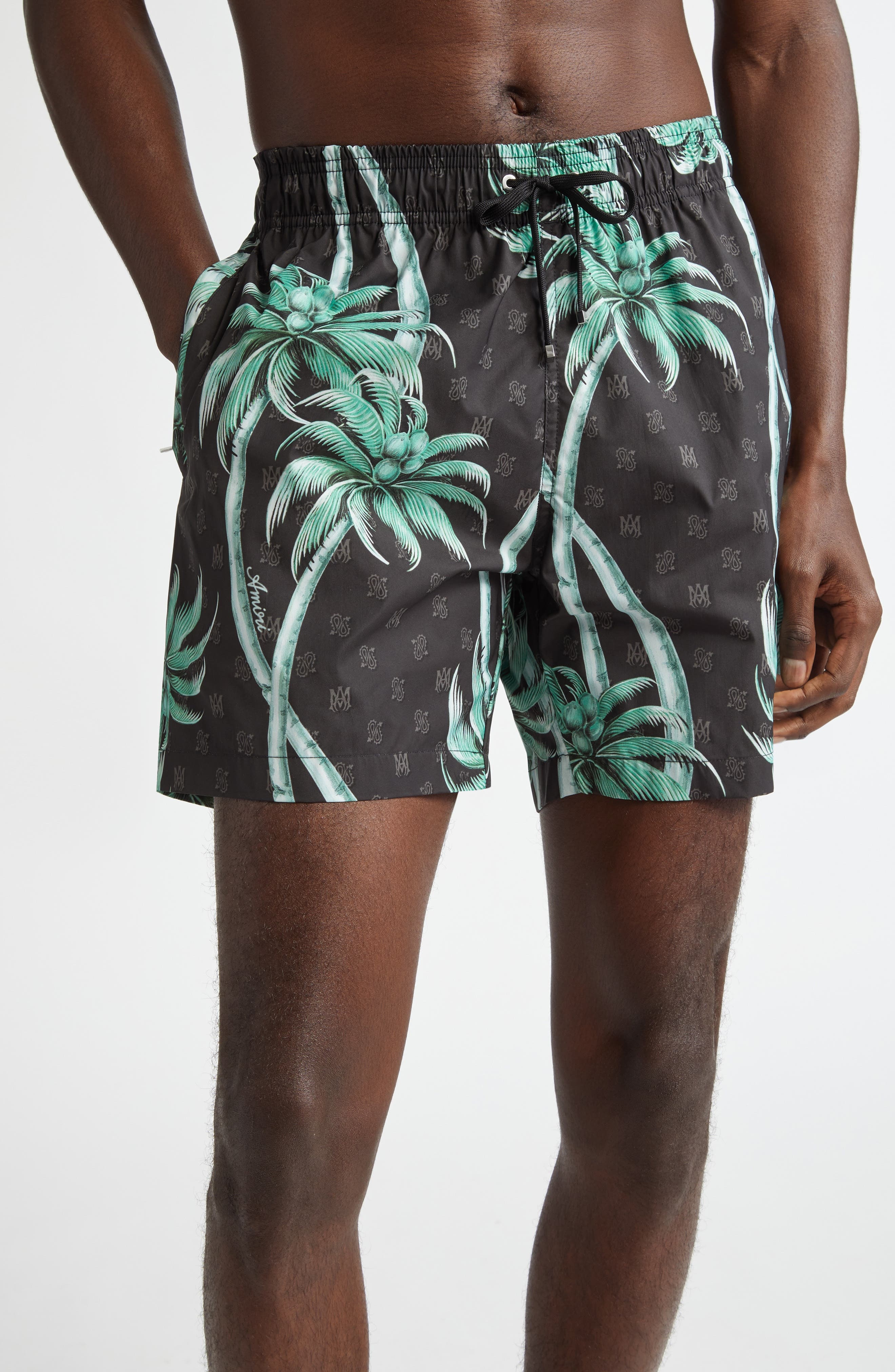 AMIRI Twisted Palms Print Swim Trunks in Black at Nordstrom - 1