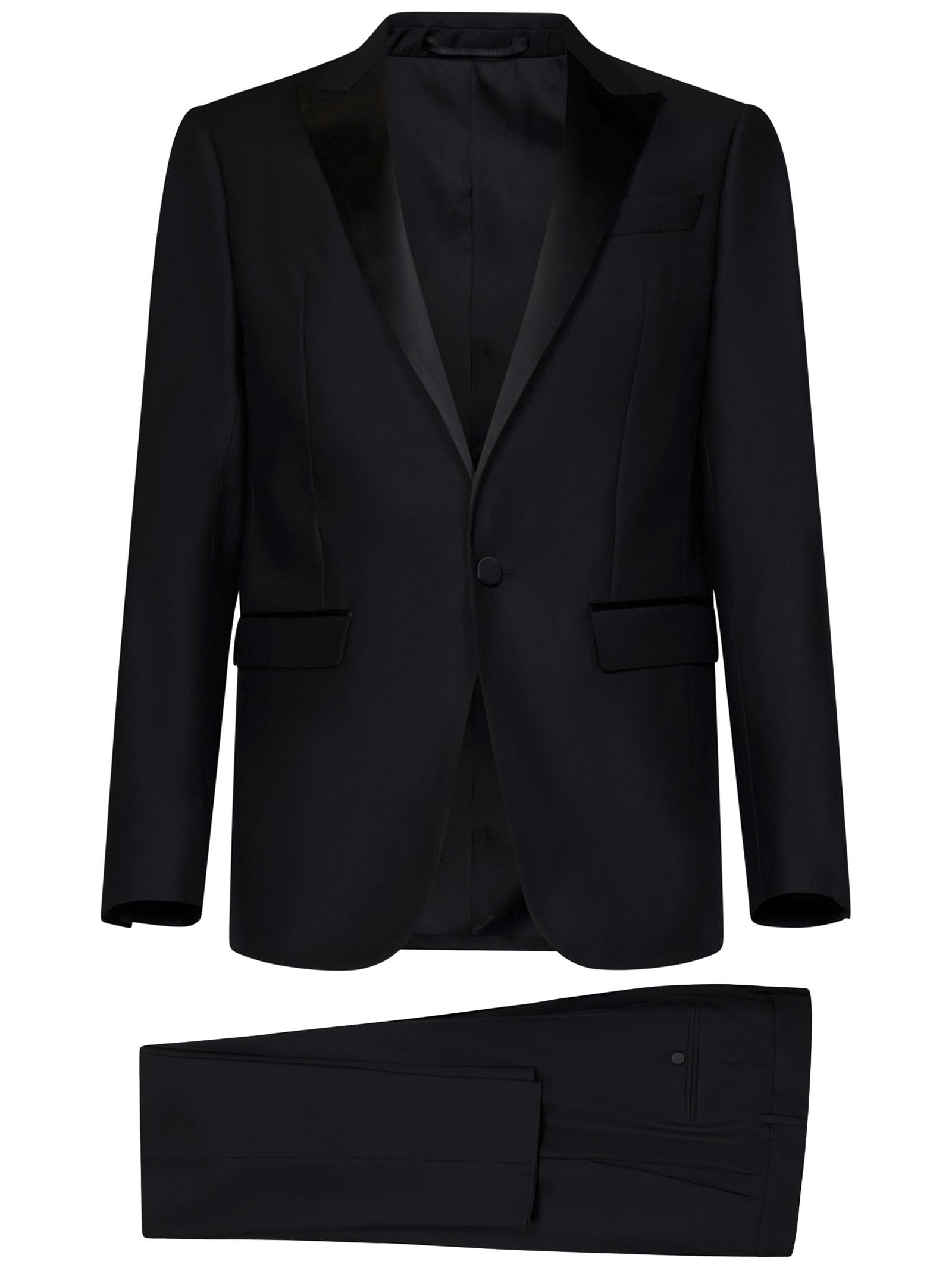 Black virgin wool and silk tuxedo suit with single-breasted blazer with silk satin lapels. - 4