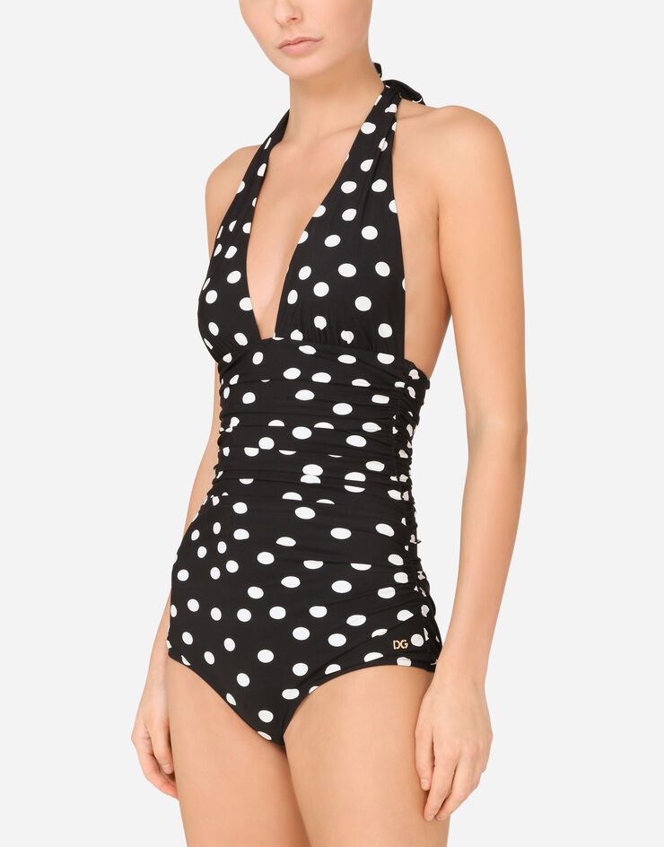 Polka-dot print one-piece swimsuit with plunging neckline - 4