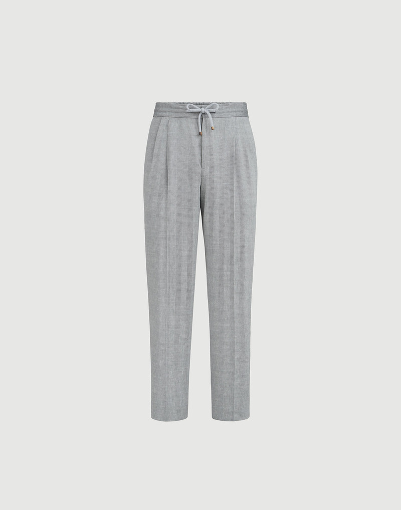 Linen and virgin wool chevron trousers with drawstring and double pleats 1