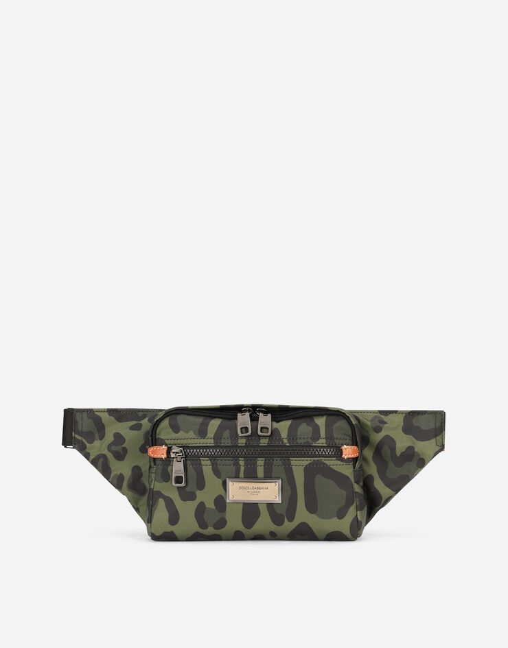 Nylon belt bag with leopard print against a green background and branded plate - 1