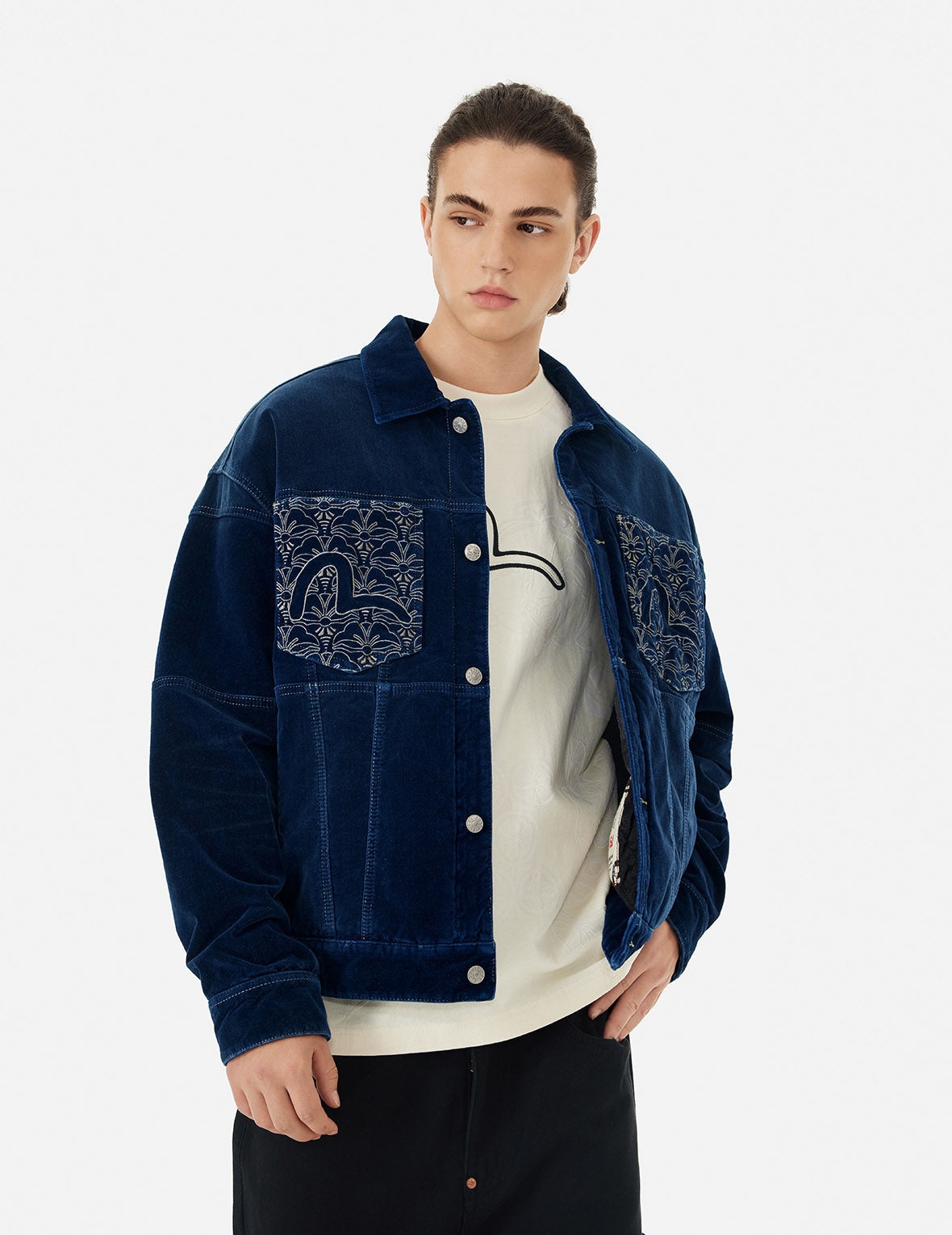 SEAGULL AND ALLOVER KAMON EMBROIDERY POCKETS LOOSE FIT PADDED DENIM JACKET - 7