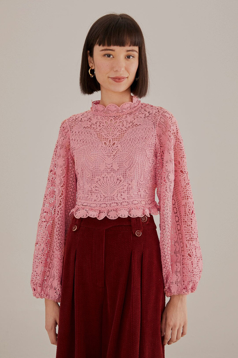 Blush Pink Guipure Long Sleeve Blouse 1