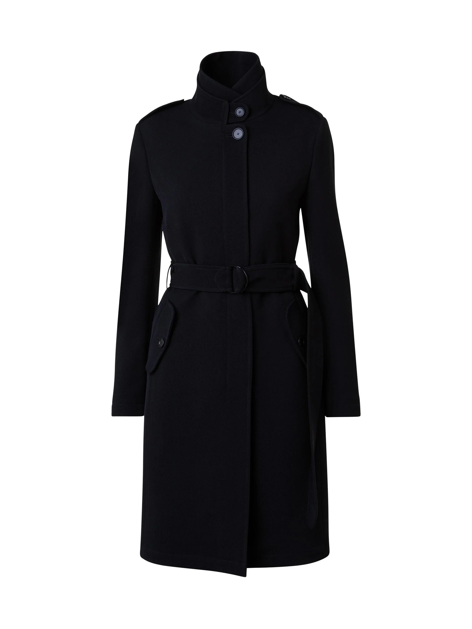 Women's Virgin Wool Belted Long Jacket - Black - 1