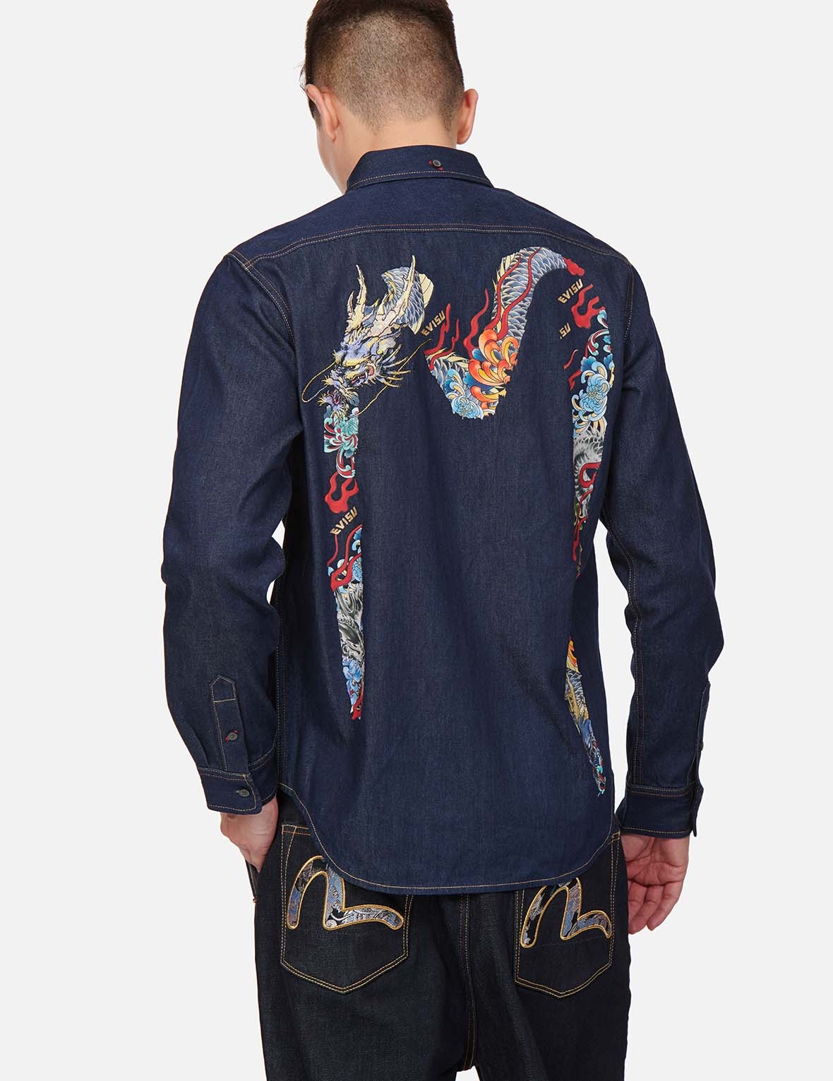 DRAGON-EMBROIDERED DAICOCK PRINT DENIM SHIRT - 3
