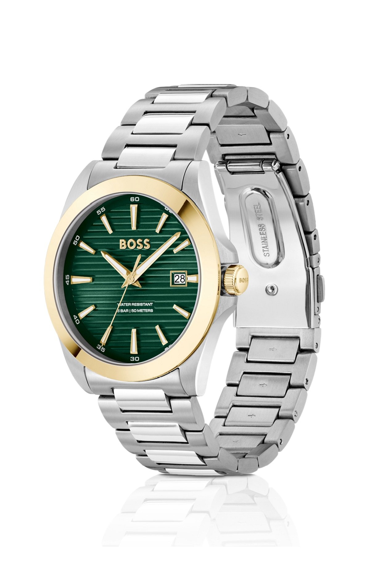 GOLD- AND SILVER-TONE WATCH WITH GREEN GROOVED DIAL - 2