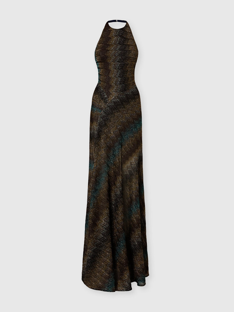 Snake-Pattern Viscose Lamé Gown with Halter Neck 1