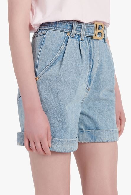 Light blue eco-designed denim high-waisted shorts with Balmain buckle - 8