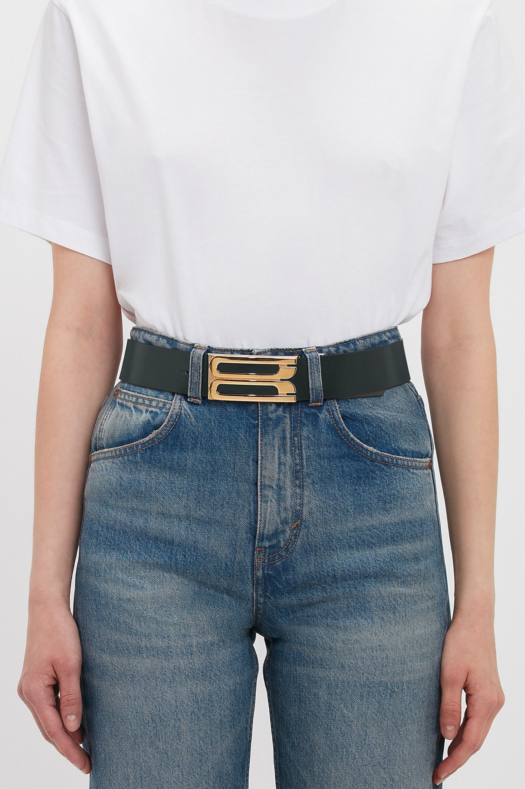 Jumbo Frame Belt In Dark Green Glossed Leather - 4