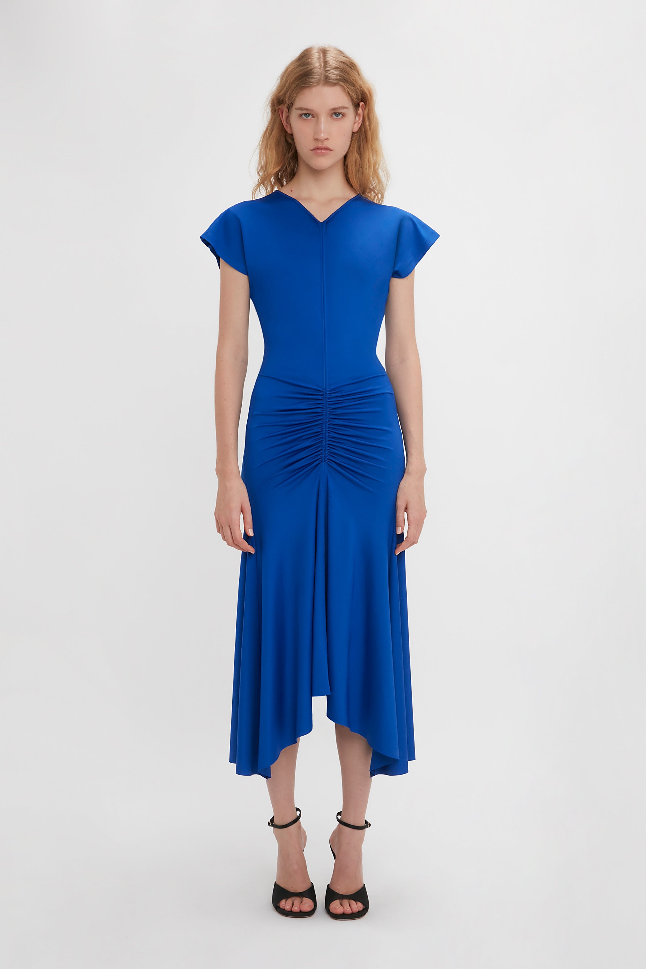 Sleeveless Rouched Jersey Dress In Royal Blue - 2