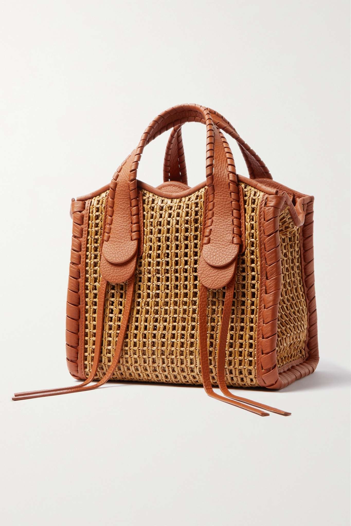 Mony small whipstitched leather-trimmed raffia tote - 3