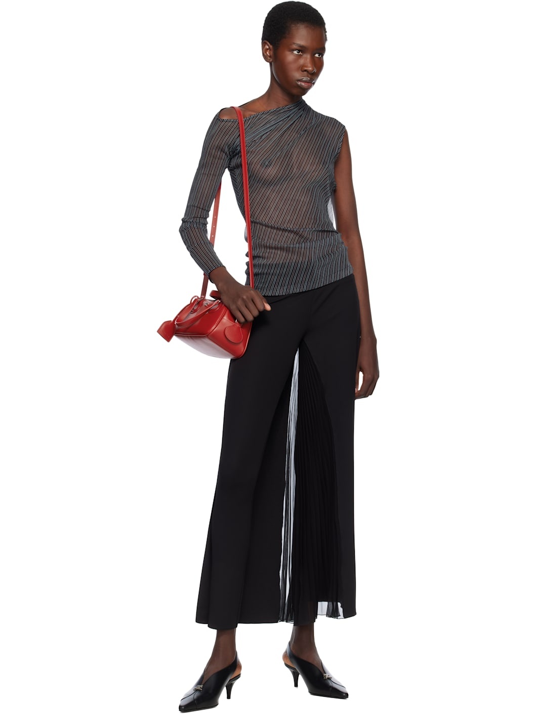 Black Asymmetric Striped Mesh T-shirt - 4
